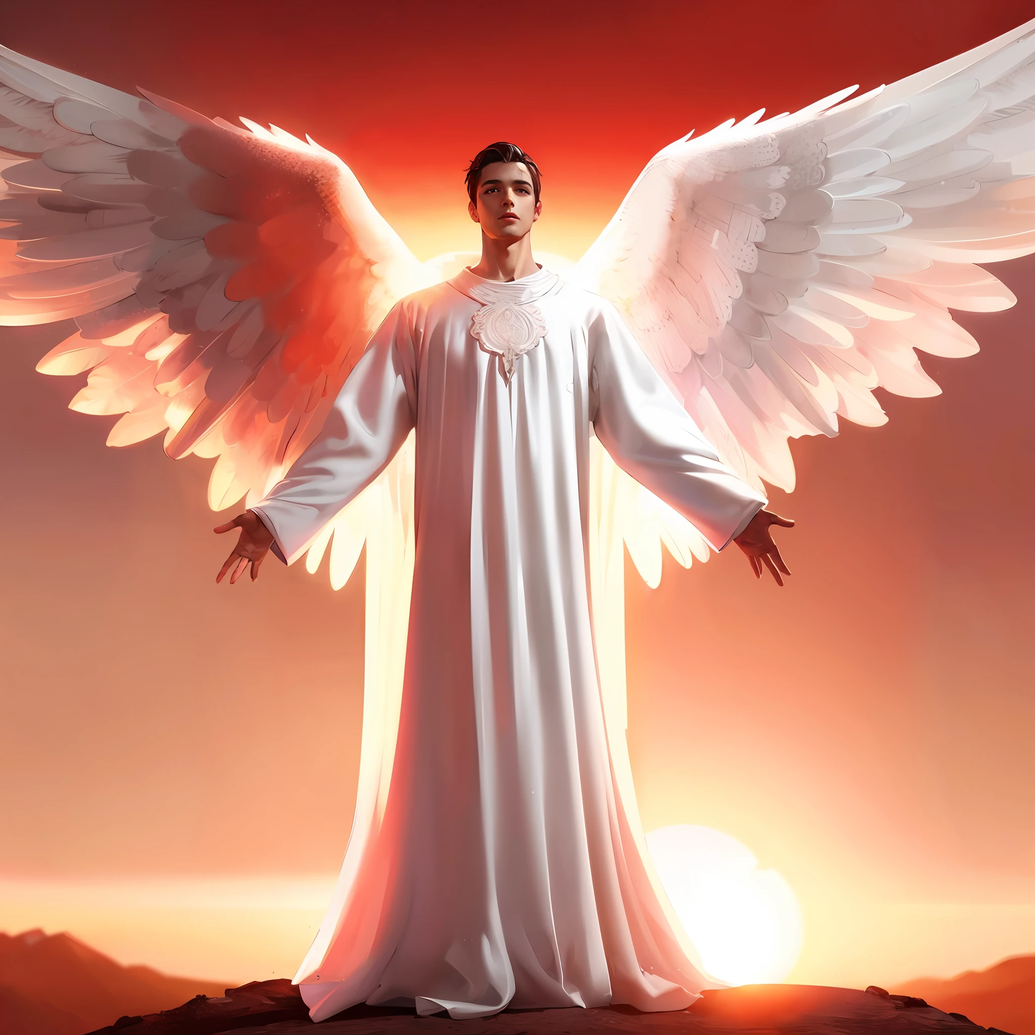 An angelic man figure with a realistic 4k resolution wingspan, a handsome face and a human body illuminated by the sunset. He is wearing a long white robe with a red mound over his shoulders and has long white wings.