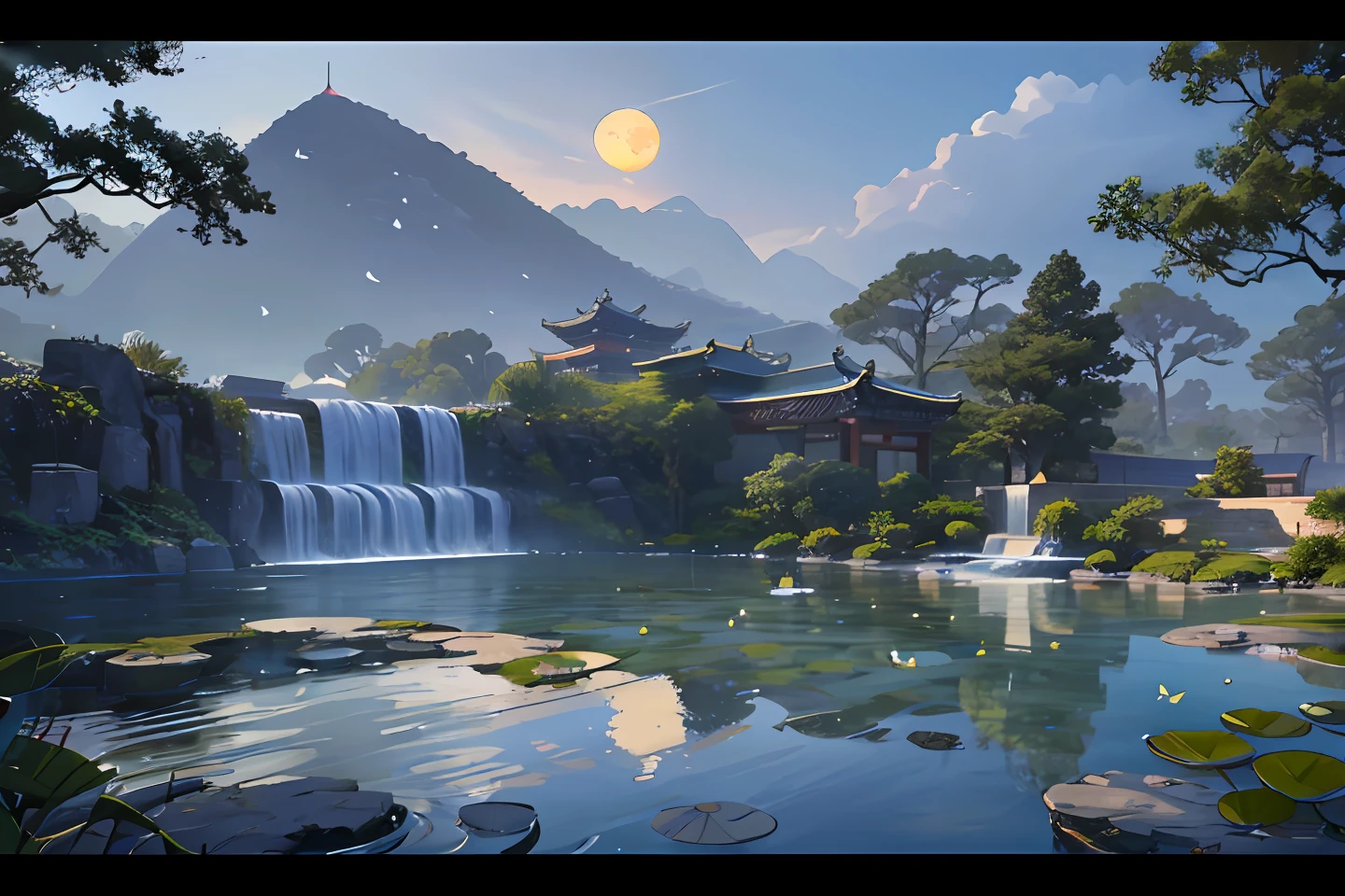 9:16 Full picture，Chinese Ancient Architecture、Hazy moon、the night、courtyard、bamboos、lakes、Stone、rockery、archs、nooks、rockery、Tree view、exteriors、butterflys、grassy fields、Rochas、water lilies、lakes、（illustratio：1.0）、Epic composition、Detail Enhancement，Detail enhancement。Realistic lighting、high definition detail、tmasterpiece、The best quality，（非常详细的 CG 统一 8k 壁纸），（The best quality）