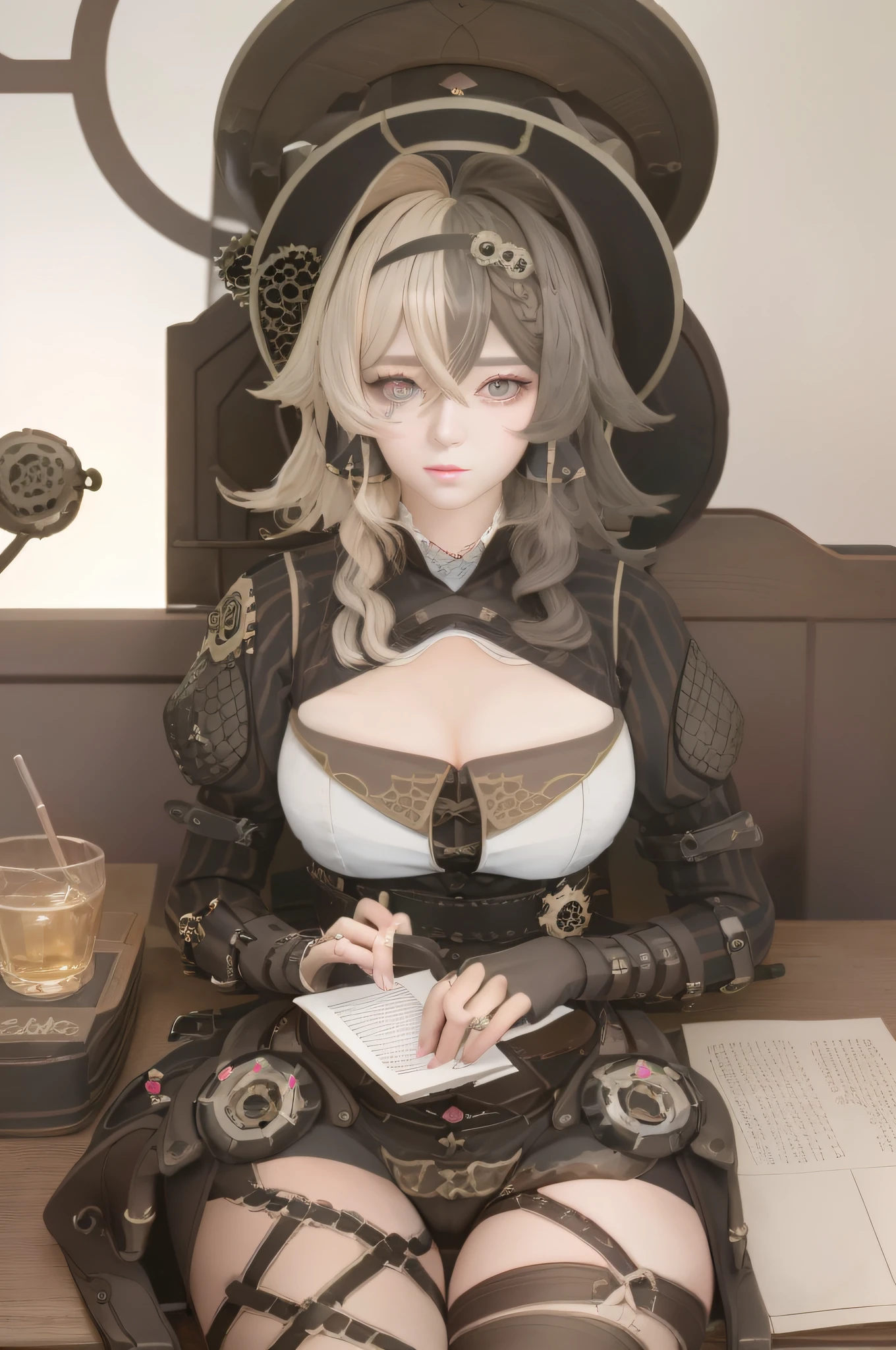 There was a woman sitting at the table,Holding a piece of paper in his hand, Guviz-style artwork, Guweiz on ArtStation Pixiv, steampunk beautiful anime woman, Guweiz in Pixiv ArtStation, Guviz, girl with warship parts, like lady mechanika, guweiz masterpiece, wojtek fus, by Yang J