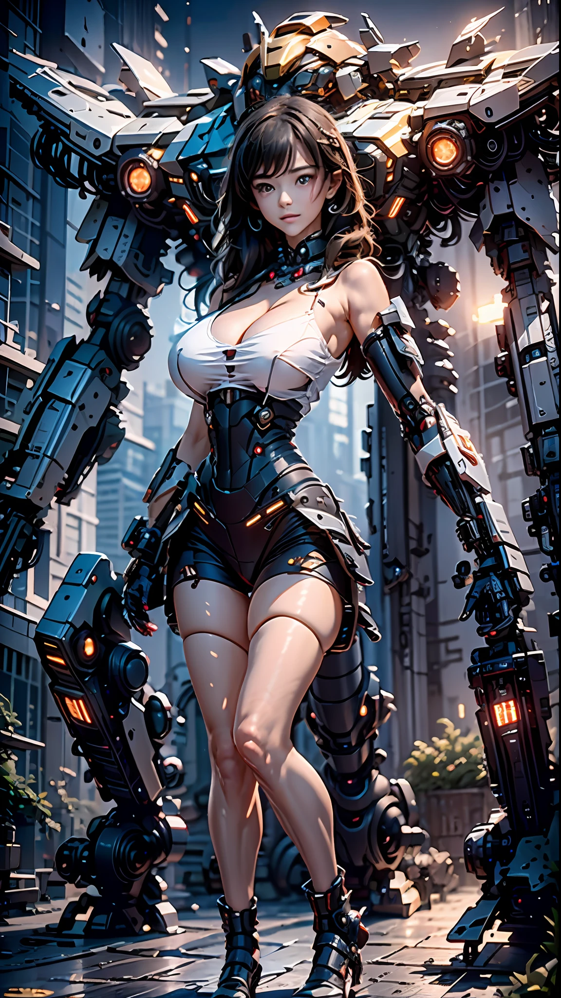 ((Melhor Qualidade)), ((Obra-prima)), (Muito Detalhado:1.3), nitidez, 3D, Shitu-mecha, ((mecha preto e vermelho)), Beautiful cyberpunk woman with her black and red mecha in the ruins of a city in the forgotten war, Noite, night with starry sky, estrelas cadentes, lua cheia, Gigantic robot in the background with lights on, Jaeger, Tecnologia antiga, HDR (High Dynamic Range), ray tracing, NVIDIA RTX, Super Resolution, unreal 5, espalhamento subsuperficial, textura PBR, Post-processing, anisotropic filtering, profundidade de campo, Maximum Sharpness and Sharpness, textura multicamadas, albedo e mapas de destaque, surface shading, Precise simulation of light-material interactions, perfectly proportions, octane rendering, Duotone Lighting, ISO baixo, white-balance, rule of thirds, ampla abertura, 8K RAW, subpixels eficientes, Subpixel convolution, luminescent particles, espalhamento de luz, efeito Tyndall