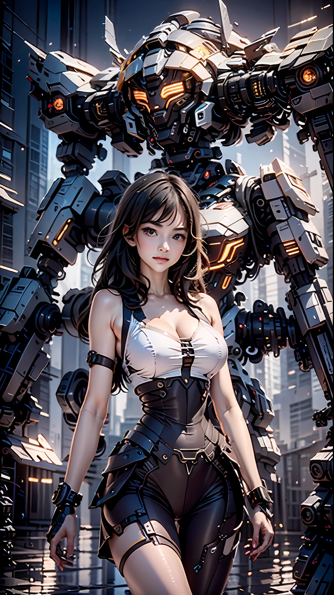 ((Melhor Qualidade)), ((Obra-prima)), (Muito Detalhado:1.3), nitidez, 3D, Shitu-mecha, ((mecha preto e vermelho)), Beautiful cyberpunk woman with her black and red mecha in the ruins of a city in the forgotten war, Noite, night with starry sky, estrelas cadentes, lua cheia, Gigantic robot in the background with lights on, Jaeger, Tecnologia antiga, HDR (High Dynamic Range), ray tracing, NVIDIA RTX, Super Resolution, unreal 5, espalhamento subsuperficial, textura PBR, Post-processing, anisotropic filtering, profundidade de campo, Maximum Sharpness and Sharpness, textura multicamadas, albedo e mapas de destaque, surface shading, Precise simulation of light-material interactions, perfectly proportions, octane rendering, Duotone Lighting, ISO baixo, white-balance, rule of thirds, ampla abertura, 8K RAW, subpixels eficientes, Subpixel convolution, luminescent particles, espalhamento de luz, efeito Tyndall