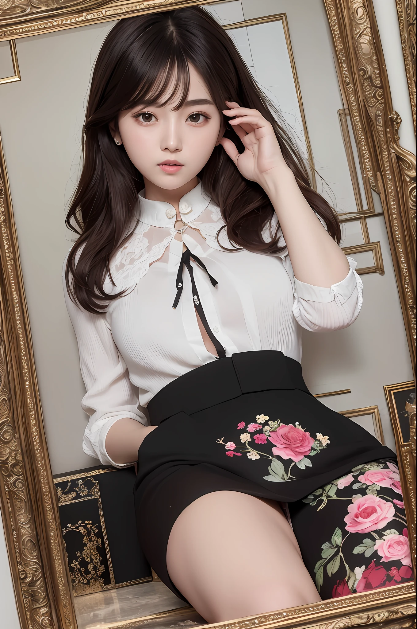 Arad woman in white shirt and black skirt poses in front of a floral frame, korean women's fashion model, Gorgeous young Korean woman, beautiful Korean women, dilraba dilmurat, Beautiful young Korean woman, gorgeous chinese models, shaxi, jaeyeon nam, cute korean actress, Choi Hyun-hwa, photo of slim girl model