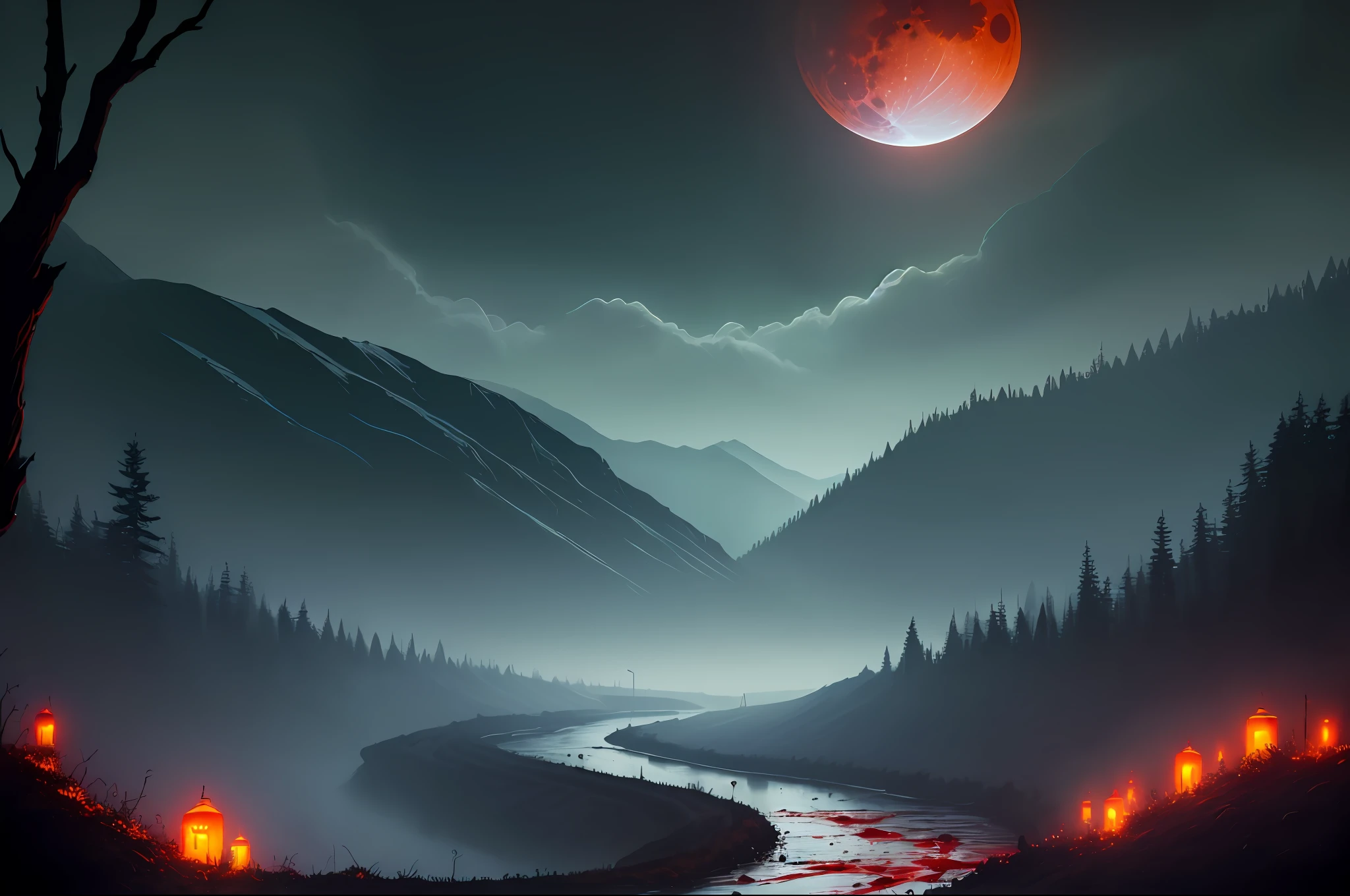 (masterpiece, best quality:1.4), cinematic light, colorful, high contrast, mountain, grass, tree, night, (horror (theme):1.2), (mon(masterpiece, best quality:1.4), (Captivating digital art) , 电影灯光, brilliant colorful, High contrast, Spooky mountain view, Lush meadows, Twisted trees, nighttime scene, (horror theme:1.2), (Menacing monsters:1.2) Lurking in the shadows, dark ambiance, Blood poured down, The blood-red river flowed，The blood moon in the sky haunts my heart，Cold and intense visual experiencer：1.2），darkly，Blood rain，River of blood，Blood Moon with a camera character，Back Shadow