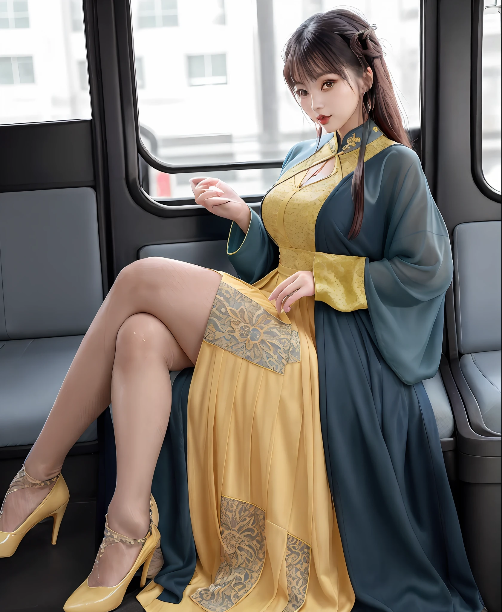 Woman sitting on a bus，Mobile phone in hand, Femme, Gorgeous lady, Sexy dress, 🤬 🤮 💕 🎀, lady using yellow dress, 2 0 2 0 fashion, fish net stockings, Cheongsam, 🔥 😎 🕹️ 👀 :2, intriguing outfit, fishnet clothes, dressed with long fluent clothes