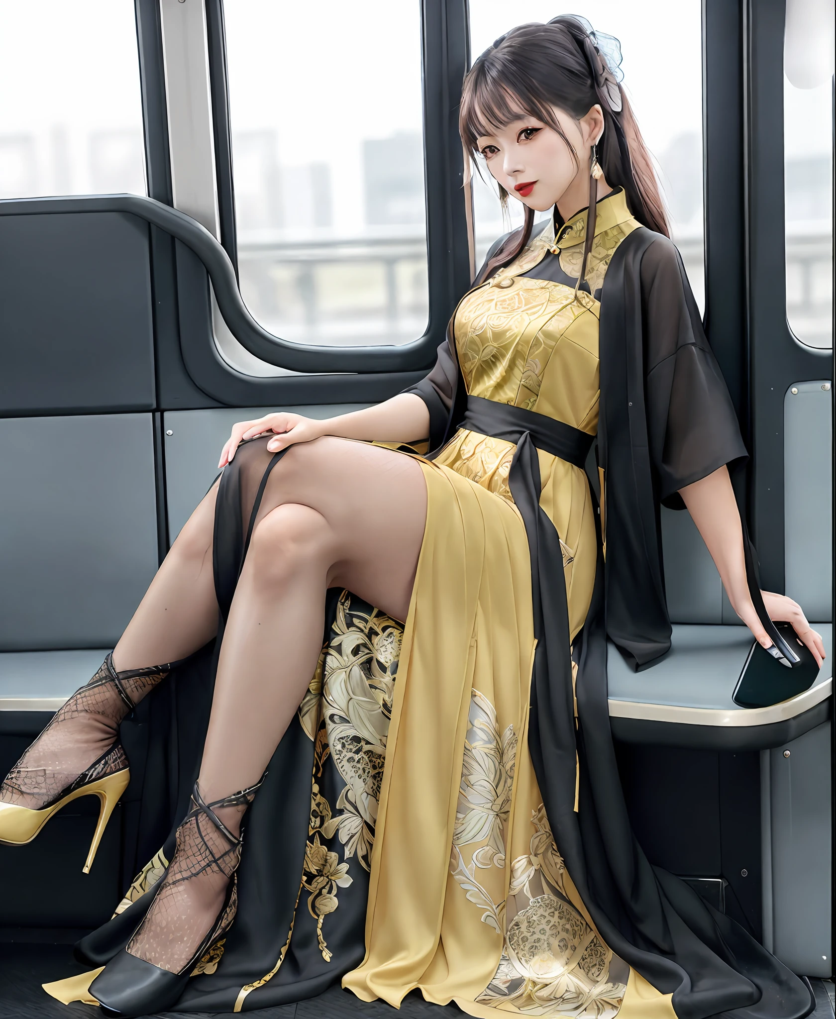 Woman sitting on a bus,Mobile phone in hand, Femme, Gorgeous lady, Sexy dress, 🤬 🤮 💕 🎀, lady using yellow dress, 2 0 2 0 fashion, fish net stockings, Cheongsam, 🔥 😎 🕹️ 👀 :2, intriguing outfit, fishnet clothes, dressed with long fluent clothes