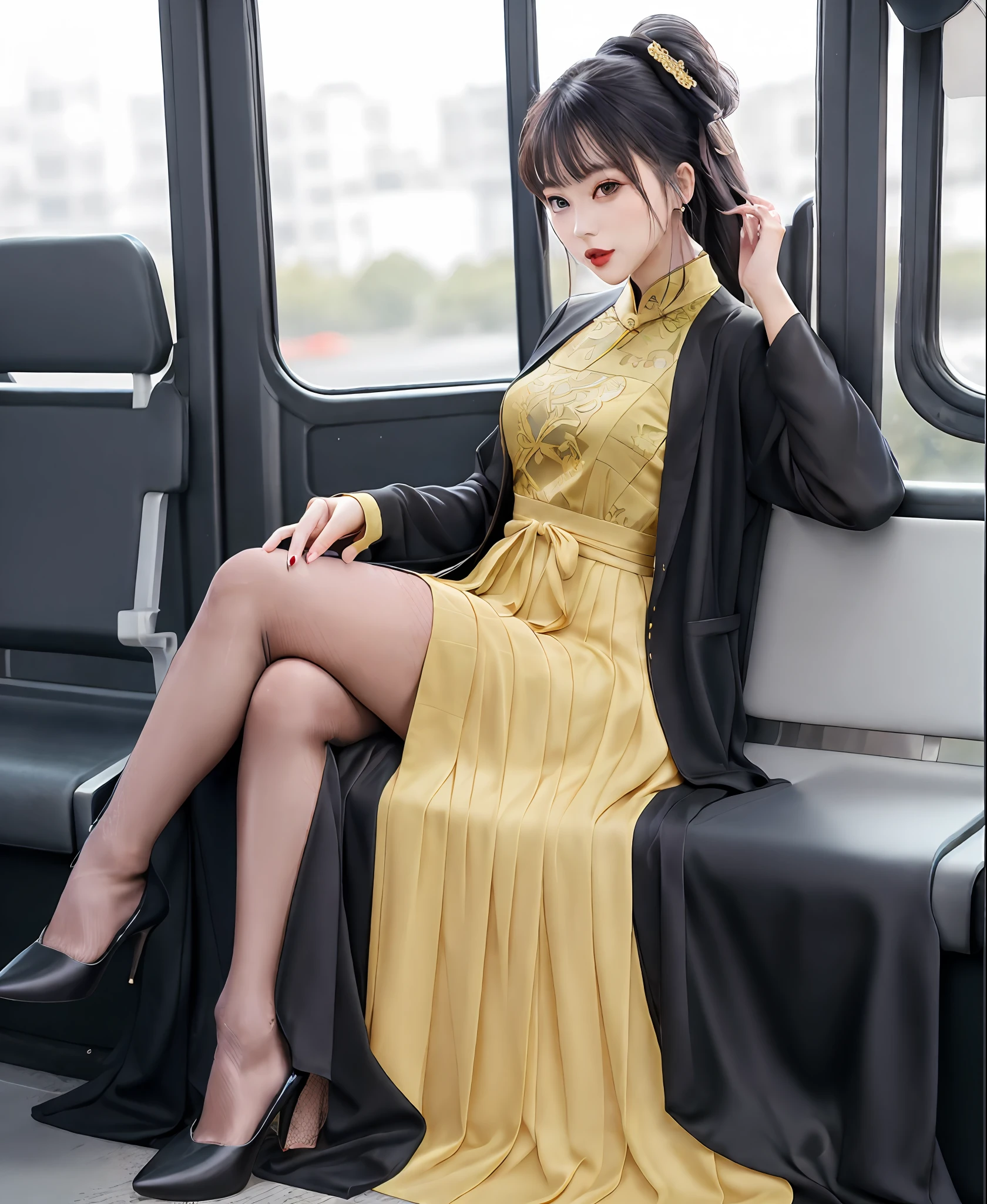 Woman sitting on a bus，Mobile phone in hand, Femme, Gorgeous lady, Sexy dress, 🤬 🤮 💕 🎀, lady using yellow dress, 2 0 2 0 fashion, fish net stockings, Cheongsam, 🔥 😎 🕹️ 👀 :2, intriguing outfit, fishnet clothes, dressed with long fluent clothes