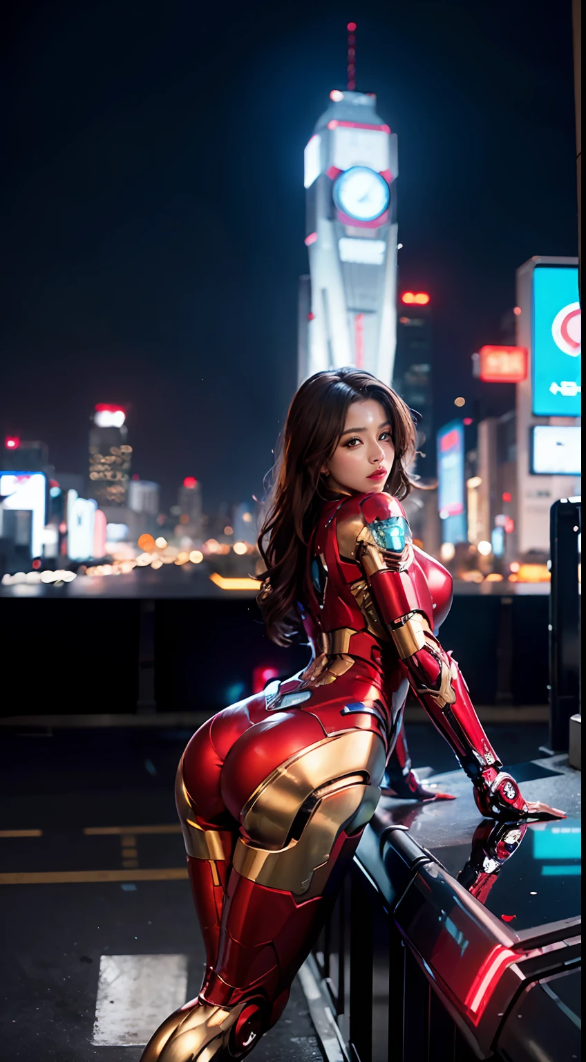 8K，realisticlying，Glamorous，The is very detailed，A 20-year-old girl, a sexy and charming woman, Delicate face，inspired by Iron Man，Wearing a shiny Iron Man mech，（perfect body figure：1.4）She dresses to show sexiness and confidence，It perfectly interprets the power and charm of Iron Man。Bigchest，Cocked buttocks，In a cyberpunk-style night view of the city，A sexy and charming woman with an actor-playing theme for Iron Man。She wears a shiny Iron Man mech，seductiv，Stand on a street lined with tall buildings。The night view of the city is brightly lit，Reflected on her mech，Bigchest，Cocked buttocks， Delicate face，It adds a sense of futuristic technology。The surrounding buildings and streets are full of cyberpunk elements，Like neon lights、High-tech installation and futuristic architectural design。The whole scene is full of futuristic and sci-fi atmosphere。This one is high definition、High-quality images will give you a stunning visual enjoyment，Will be sexy、Futuristic and sci-fi elements are a perfect combination。oc rendered，dramatic lights，Award-winning quality