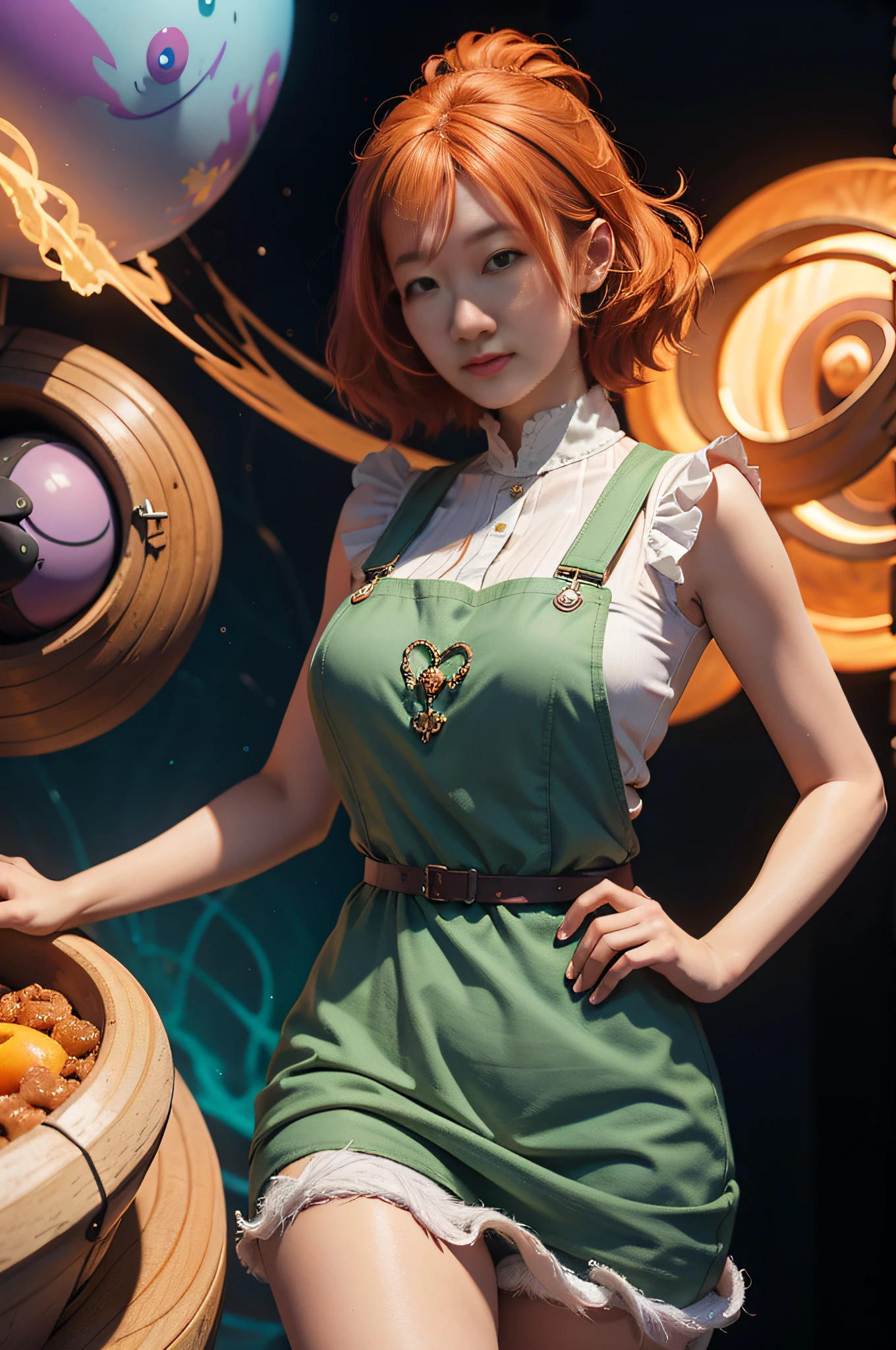 concept art, overhead angle of a Will-o'-the-wisp, wearing Funny Somali Emerald deep orange Pinafore, Caramel hair styled as Short hair, fluorescent purple Hair tie, equirectangular 360, Highres,  [(art by Willi Baumeister:1.1), (art by John T. Biggers:1.2)::17], official art, unity 8k wallpaper, ultra detailed, aesthetic, masterpiece, best quality, photorealistic