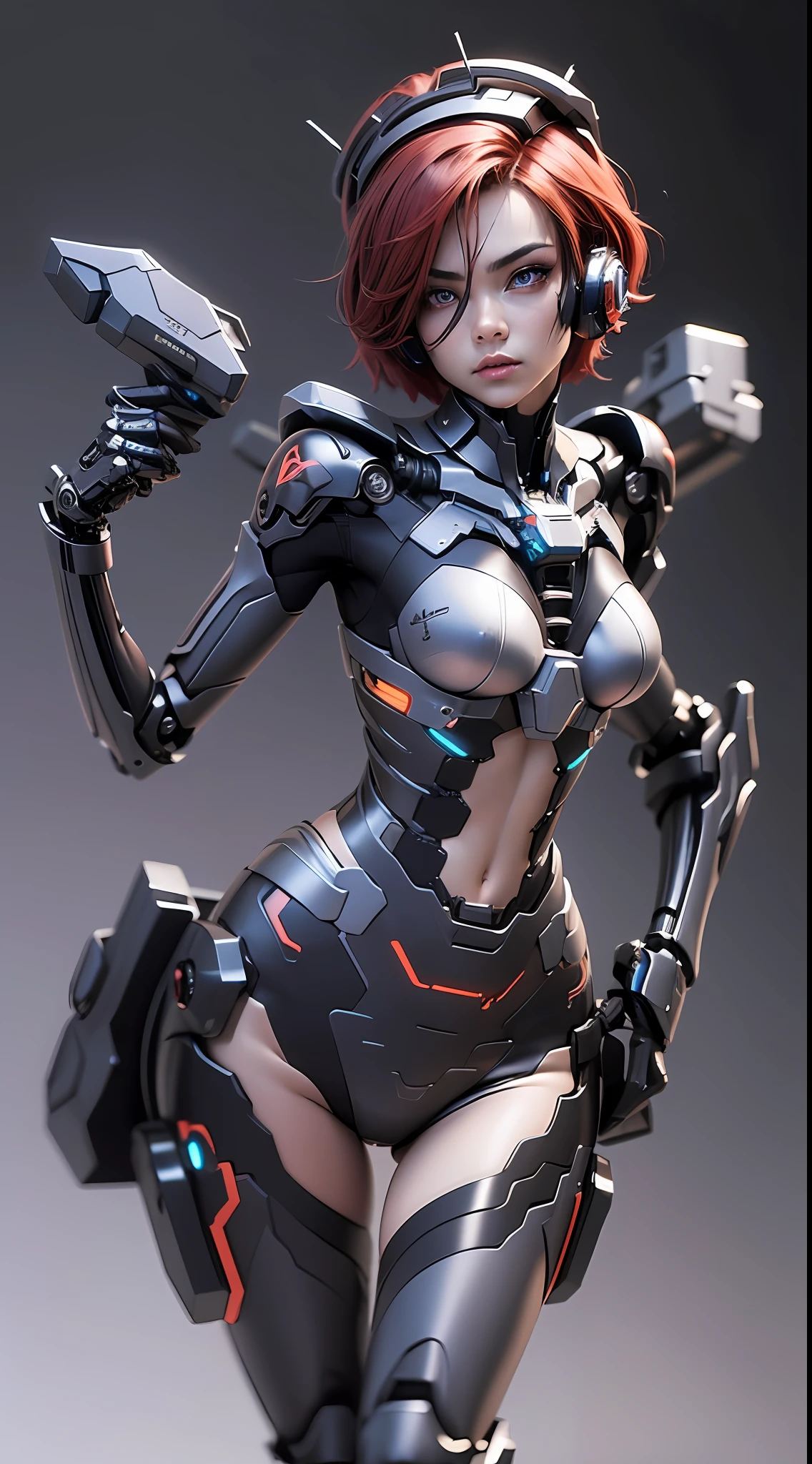 ((Best quality)), ((masterpiece)), (detailed:1.4), 3D, an image of a beautiful cyber female android,HDR (High Dynamic Range),Ray Tracing,NVIDIA RTX,Super-Resolution,Unreal 5,Subsurface scattering,PBR Texturing,Post-processing,Anisotropic Filtering,Depth-of-field,Maximum clarity and sharpness,Multi-layered textures,GG unity, Surface shading,Accurate simulation of light-material interaction,Perfect proportions,Octane Render,Two-tone lighting,Wide aperture,Low ISO,White balance,Rule of thirds,8K RAW, bokeh, medium breast, loli body, neon core engine, half mechanical body, mechanical line face, red eyes, beautiful eyes, light eyes, mechanical joint, mechanical arm, human look leg, background inside space ship bridge, red short hair, big parabol antene on head, dynamic firring pose, black body, holding gun