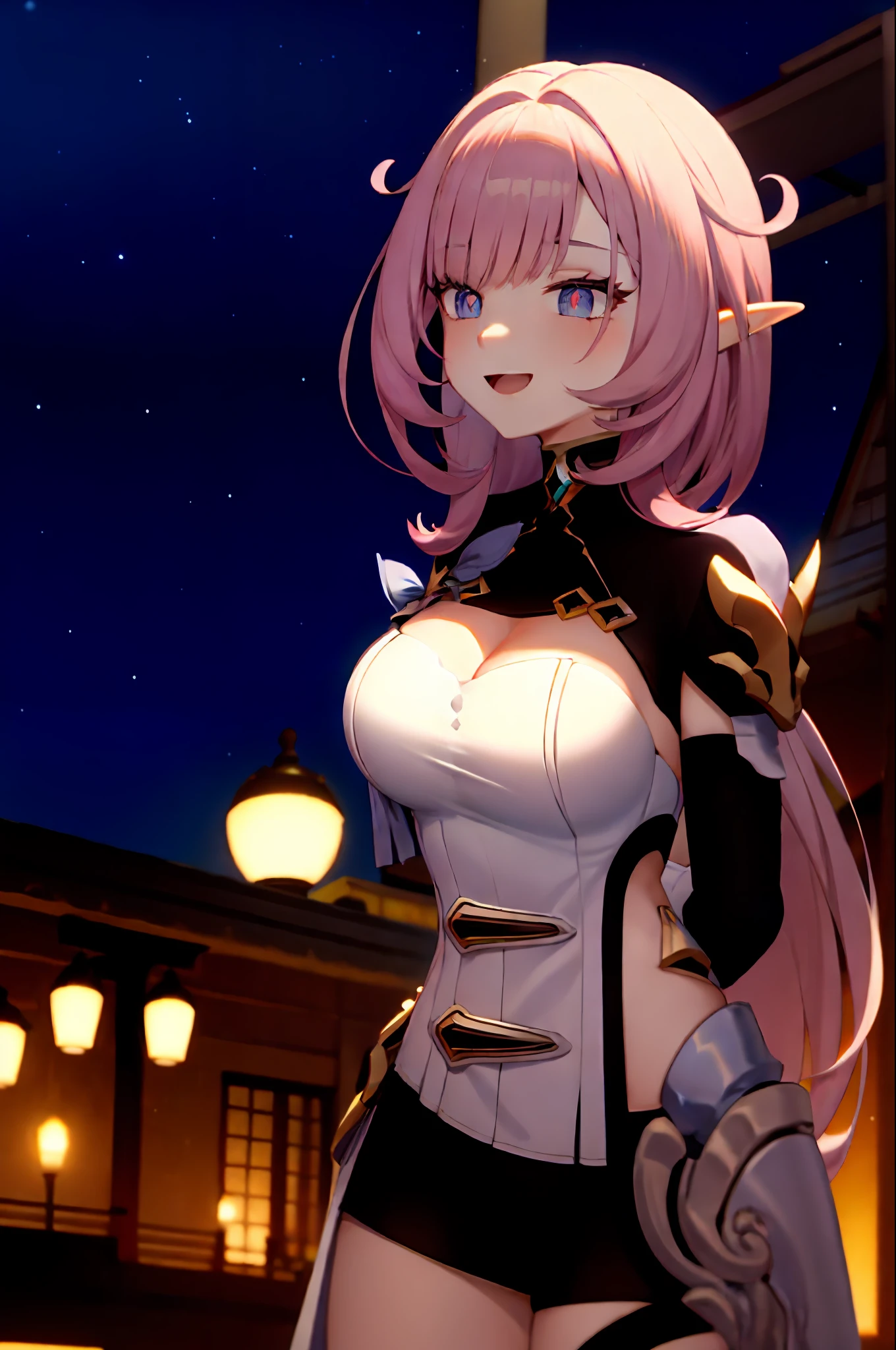 (Realistic drawing style:0.9), 巨作, Best Quality, absurdres, Elysia (Miss Pink Goblin) (Honkai Effect), Parting of the pupil, Elysia (Honkai Effect), elf, pointy ears, 1girl, breasts, cleavage, Pink hair, 独奏, hair decoration, smile, eyes blue, long hair, looking at the scenes, open mouth, explosions, :D, sky, star (sky), black shorts, Big breasts, starry sky, shorts, night sky, arms behind the back, night, long-sleeved, pink pupils