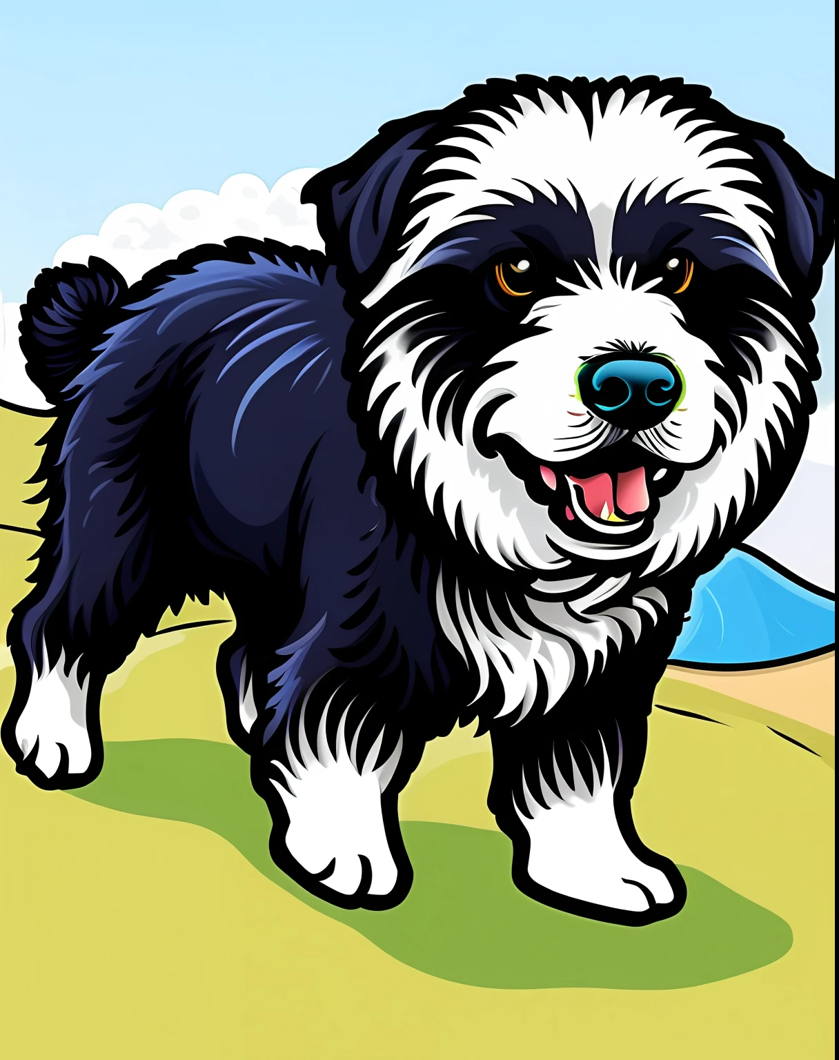Vector-art of a (Old English Sheepdog: 1.3), loyal, happy, intelligent, lively, devoted, expressive, energetic, playful, quick, strongwilled, good-natured, running on a beach, white background.