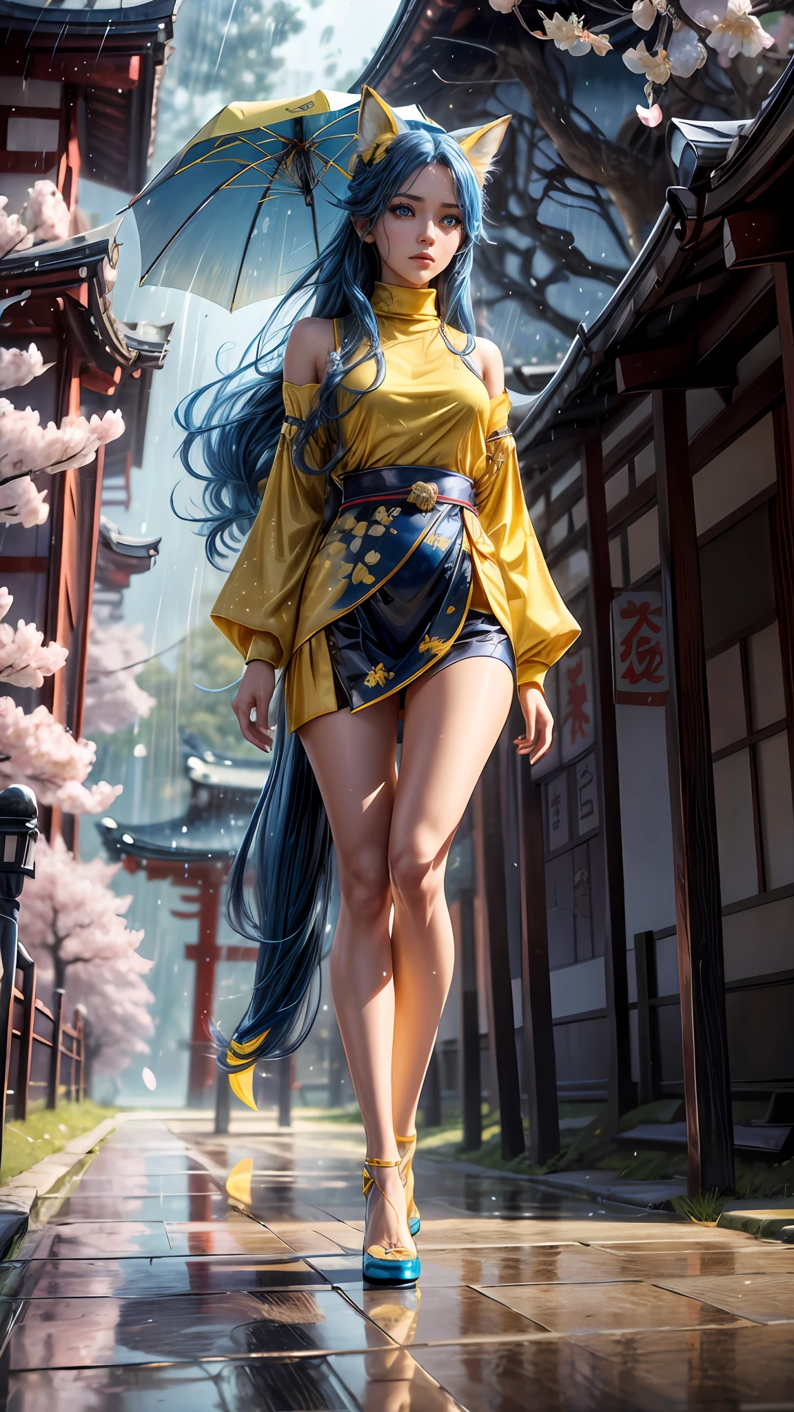 Best quality, hyper-high detail, very high res, Extremely detailed CG, 真实感,absurd res,fox ear,Huge colorful fox tail, 8K,Colorful, A 20-year-old nine-tailed fox girl,japanaese girl,Light turtleneck shirt,Detailed clothing patterns,tiese,(full body:1.3),Solo,(Perfect body shape),(long leges:1.3), Faraway view,high-heels,(Black eyes), (Blue hair to shoulders), Extremely long blue diamond hair floating, blueribbon, Beautiful eyes,(Blue and yellow:1.3),Wet clothes, (Short blue skirt), detailed and beatiful face and eyes, ((Shiny skin)), Shiny hair, (detailed and beautiful shiny clothes, Temple,holy rays,japan temple,the cherry trees,Cherry blossoms flying,Rained,(dynamicposes:1.3),low perspective,