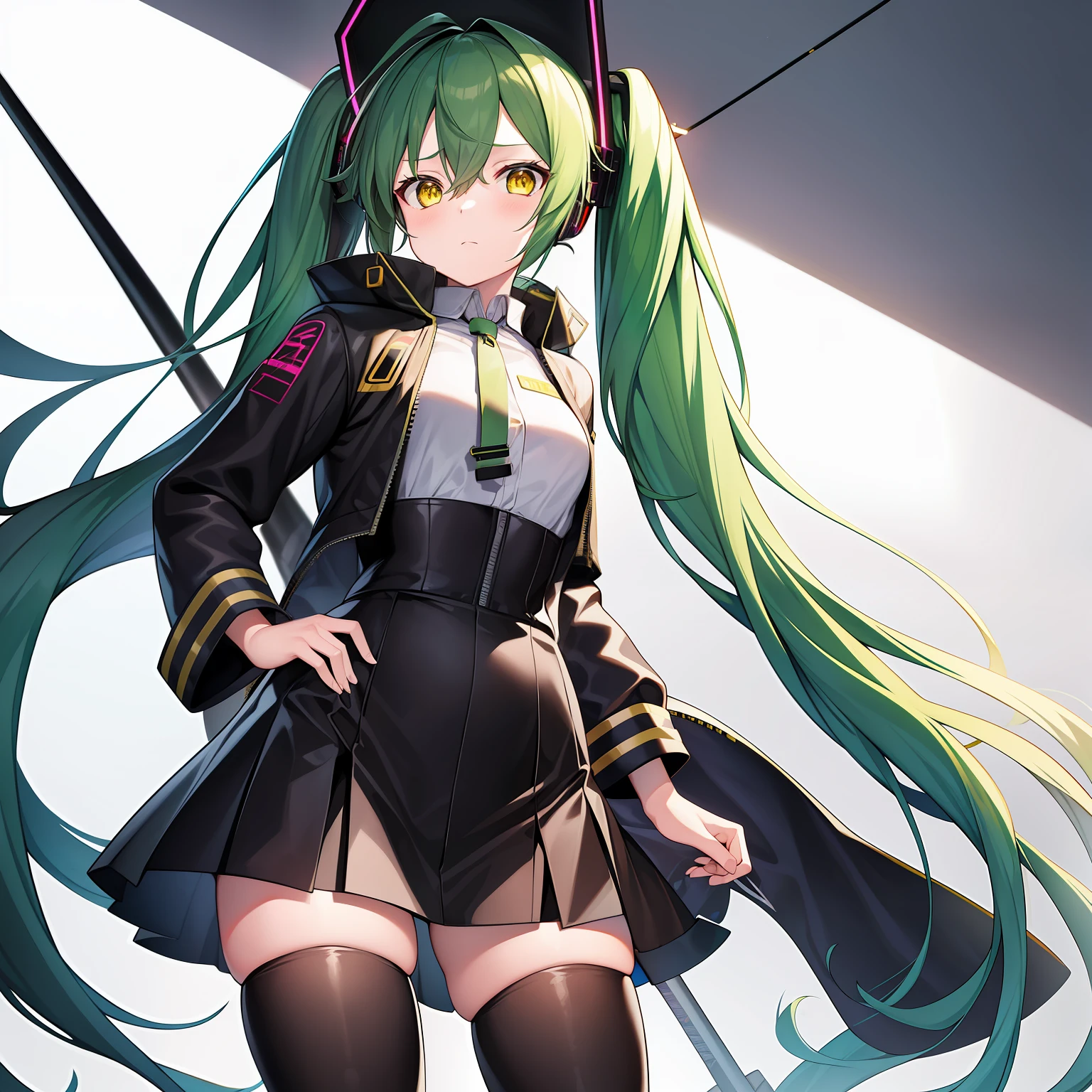 1girl, agitation_(module), alternate_costume, black_legwear, boots, cable, closed_mouth, commentary_request, cowboy_shot, cropped_jacket, electric_guitar, eyelashes, fender_telecaster, flat_chest, floating_hair, green_hair, guitar, hair_ornament, hatsune_miku, headphones, heart, highres, holding, holding_instrument, instrument, jacket, long_hair, long_sleeves, looking_away, music, nagimiso, outstretched_arm, pantyhose, playing_instrument, project_diva_(series), simple_background, solo, thigh_boots, thigh_strap, thighhighs, thighhighs_over_pantyhose, twintails, unhappy_refrain_(vocaloid), very_long_hair, vocaloid, white_background, yellow_eyes, zipper