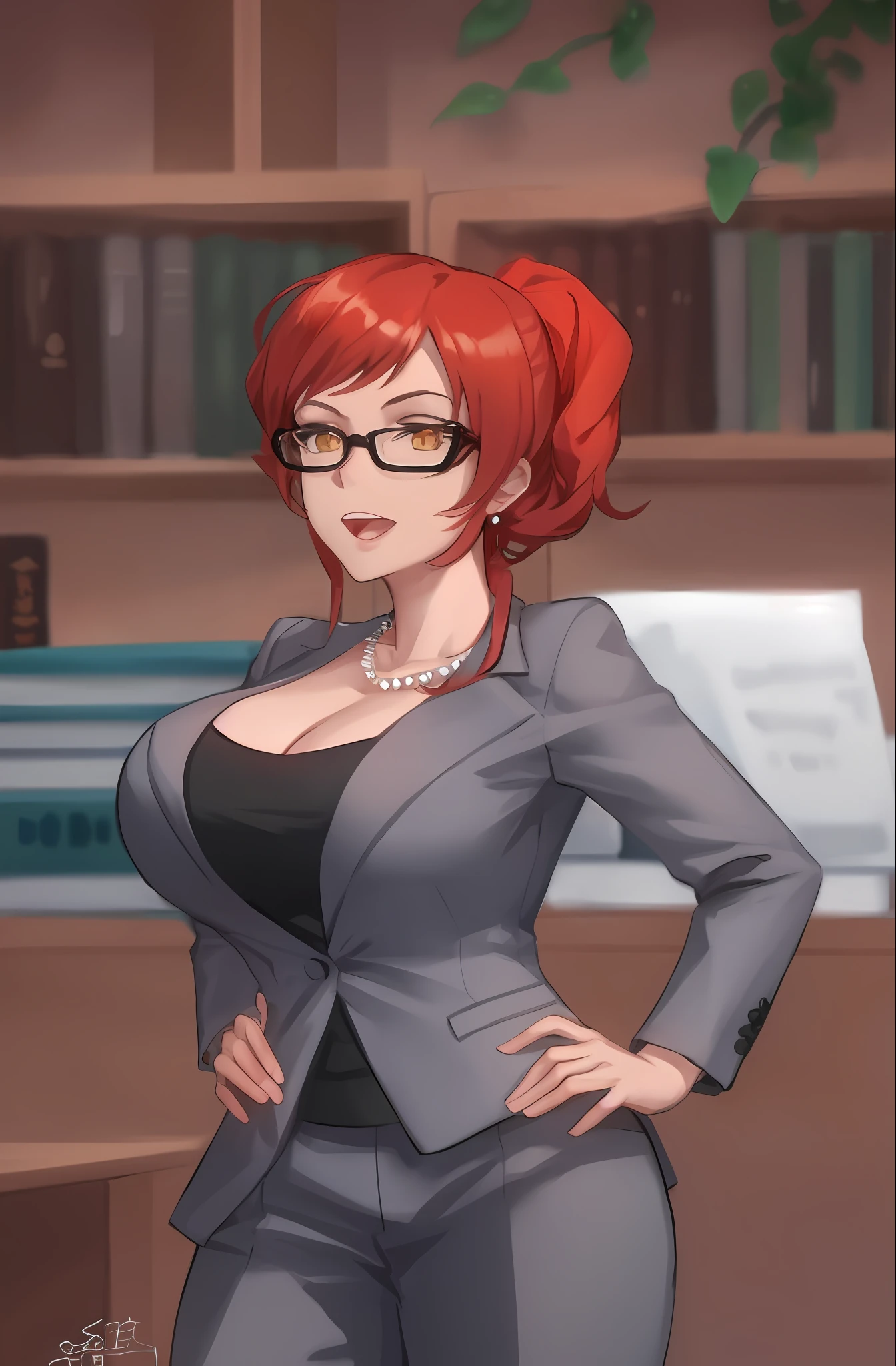 A woman in glasses and a suit in front of a bookshelf, mami, Spy X Family, Gordon Freeman como uma mulher, Librarian, advogada, business woman, com seios grandes, com seios grandes, office clothes, cell shaded adult animation, wearing a strict business suit, chefe corporativo, seios grandes!, barbara hammer 4 k, protagonista feminina