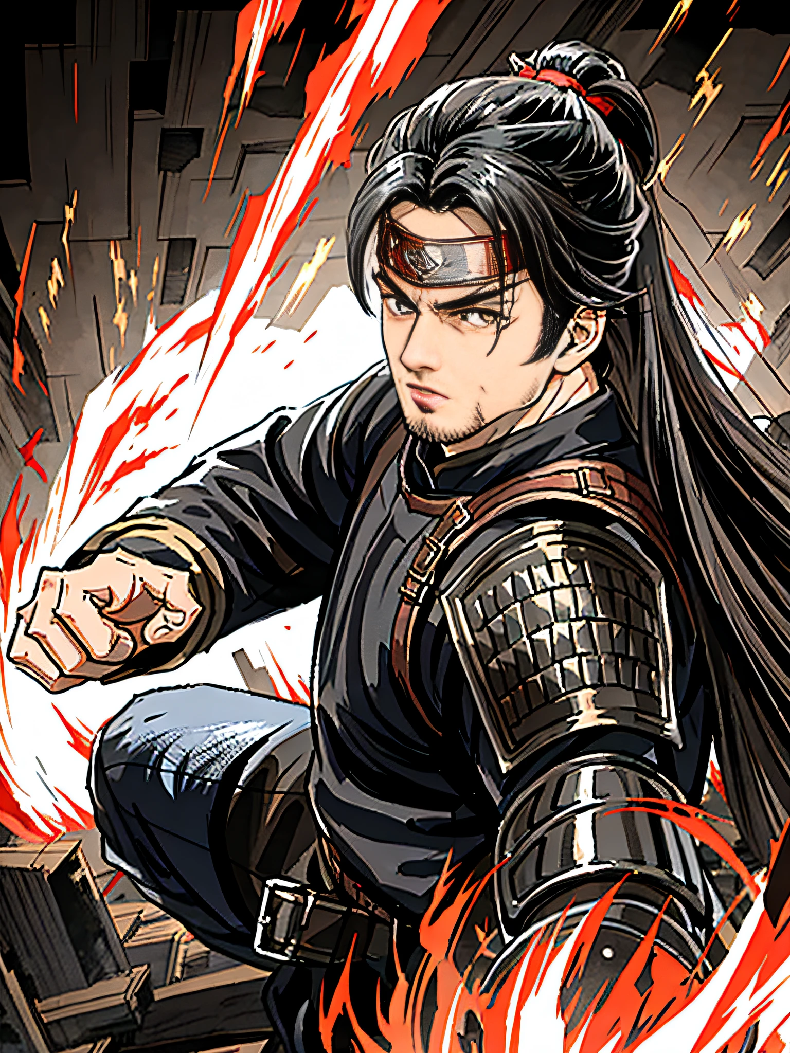 Dynasty Warriors, black and red armor, long hair, black hair, 1man, (((male focus))), battlefield, red skies, action pose, (((dynamic perspective))), handsome, brown eyes, tall, serious, angry, sharp focus, 8k, (((detailed face))), fantasy armor, headband, red headband, pixiv, artstation, best quality, chinese, handsome, detailed eyes, dynamic lighting, best illustration, masculine, fantasy, fire, outdoors, highnoon, strong face, muscular, athletic, martial arts, warrior, (((action pose:1.3))), damage, blood, dramatic, screaming, deviant art, masterpiece, good anatomy, good hands,