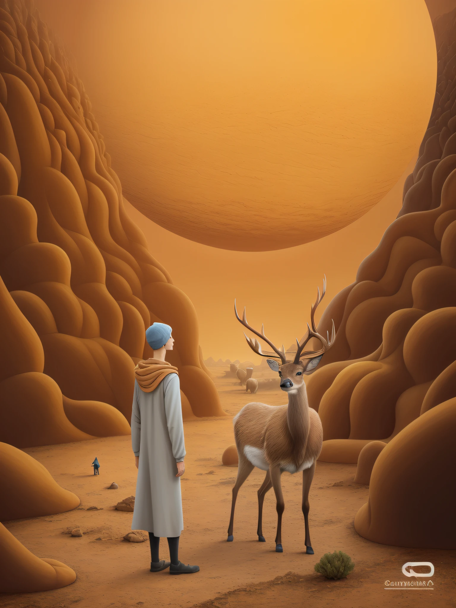 There is a deer in the desert, surreal gediminas pranckevicius, epic surrealist 8K oil painting, surreal concept art, Surrealism 8k, Inspired by Gediminas Plankevichus, yuri shwedoff and tom bagshaw, surreal scene, Surreal art, in a surreal dream landscape