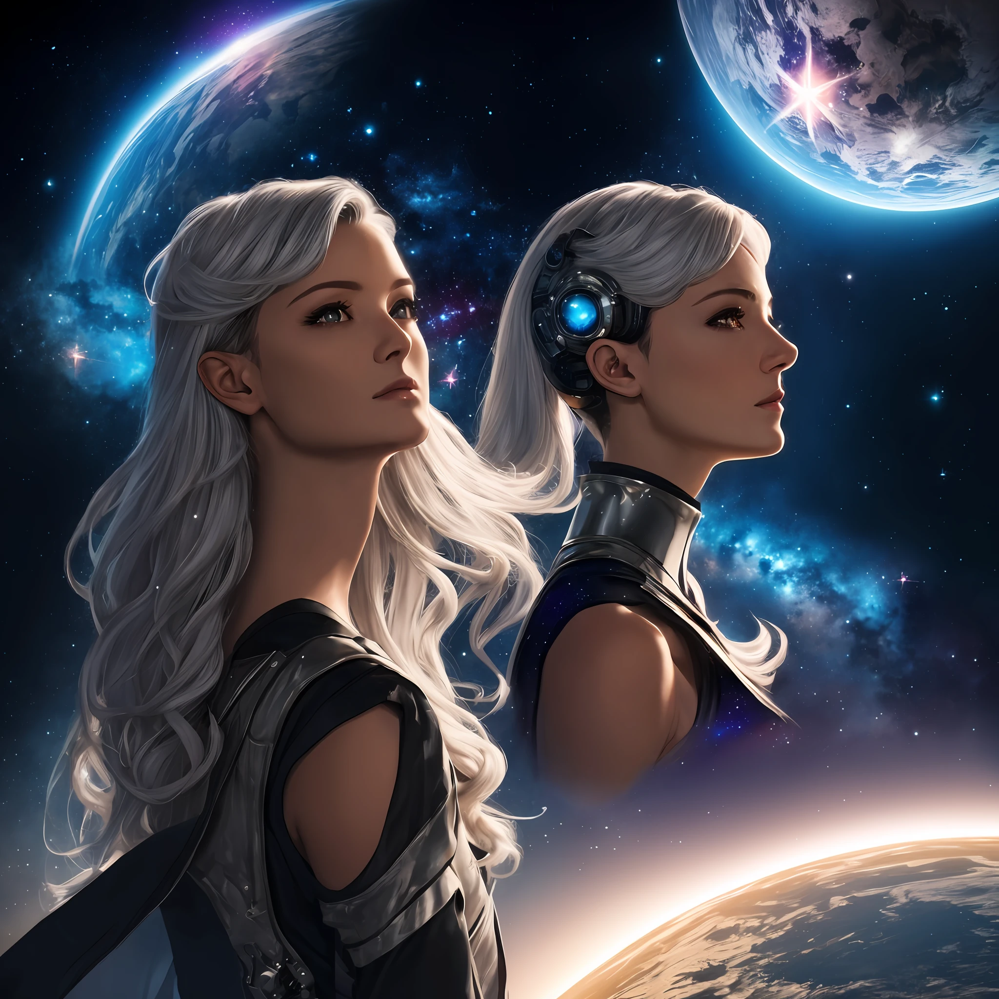 The AI image of Lyra Novastra should capture her ethereal and mysterious aura, combining futuristic elements with a sense of transcendence. She should be depicted floating in space, surrounded by twinkling stars and bright nebulas. Your silver hair should seem to flow as if it were impregnated with cosmic energy, and his silver eyes should radiate wisdom and compassion.
Your spacesuit should incorporate advanced technological details and galactic symbols, representing the fusion of cultures and civilizations she encountered in her travels. Sua postura deve ser confiante, mas serena, demonstrating her mastery over the intergalactic powers she possesses.
The final image should reflect the character Lyra Novastra as an intergalactic woman of transcendent beauty, Cosmic Knowledge and Universal Compassion, ready to embark on new journeys and adventures across the vast cosmos. --auto