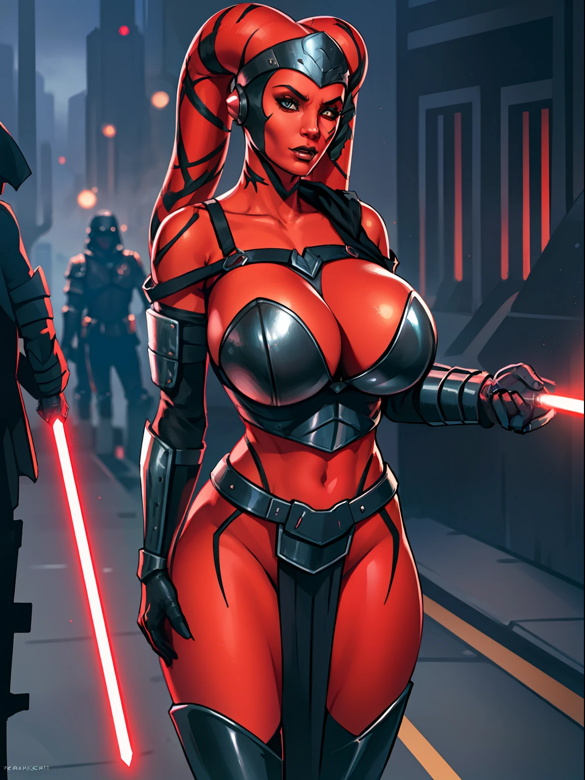 busty, ((red skin), twi'lek), dual red lightsabers, evil space knight, space ninja, (black robes, black stealth armor, breastplate, tunic, tabard, cowl, cloak, body glove, straps, buckles, skirts, long sleeves, fantasy, ((armor))), ((busty), slender body, thin, slim sexy body, slim waist, ((gigantic breasts))), Imperial starship, Star Wars,