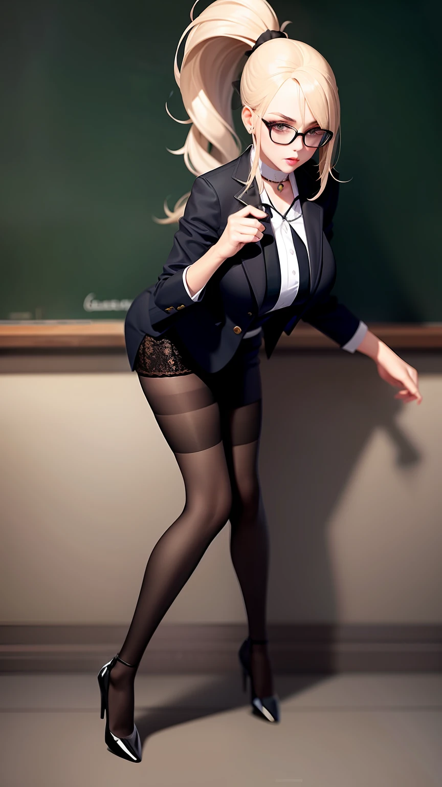 Girl in suit, full body shot hyperdetailed, Superskirt,huge tit,Bare chest,choker necklace,eye glass,High ponytail,White heels,lacy stockings,Lace,lolita,Slender legs,Perfect legs、Seductive pose,Erotic,Highest image quality,tmasterpiece,Stand in the classroom,Stand in front of the blackboard