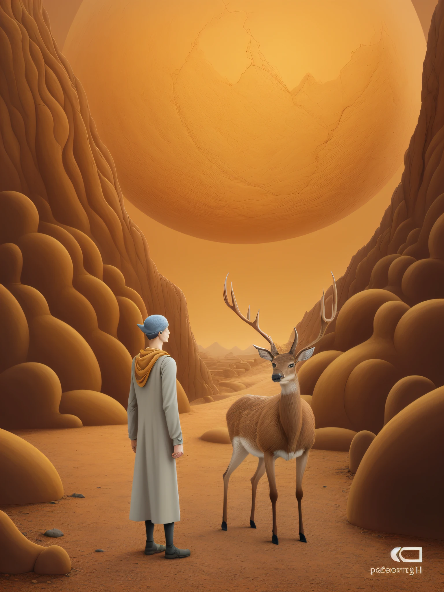 There is a deer in the desert, surreal gediminas pranckevicius, epic surrealist 8K oil painting, surreal concept art, Surrealism 8k, Inspired by Gediminas Plankevichus, yuri shwedoff and tom bagshaw, surreal scene, Surreal art, in a surreal dream landscape