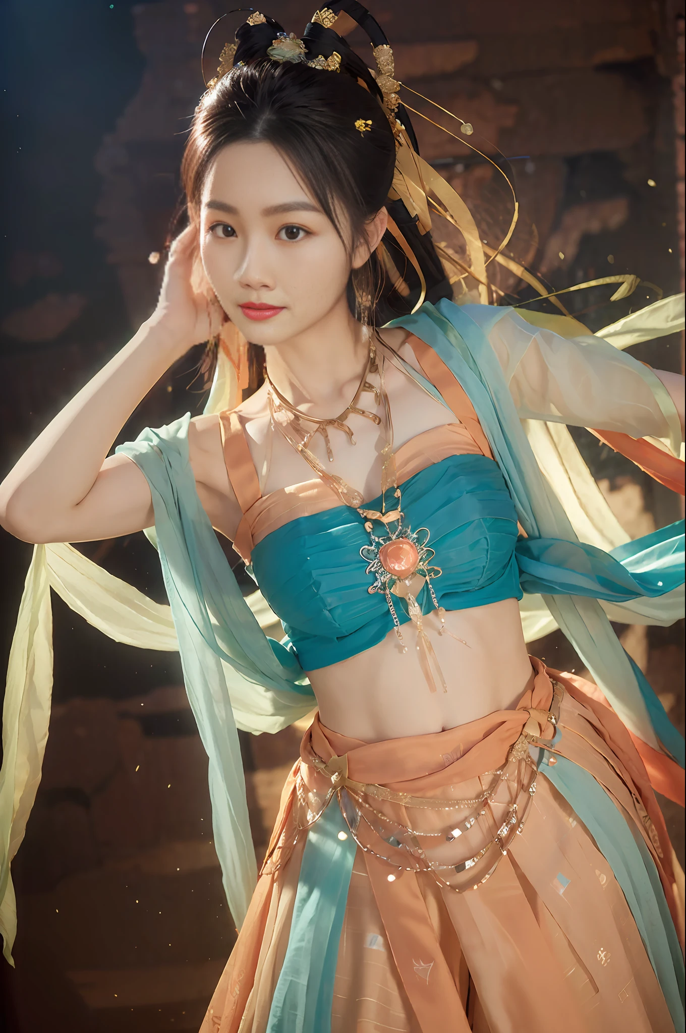 (8k, RAW photo, best quality, masterpiece:1.2), (realistic, photo-realistic:1.4), (extremely detailed CG unity 8k wallpaper), 1 girl solo, dance, dunhuang_dress, dunhuang_style, dunhuang_background,