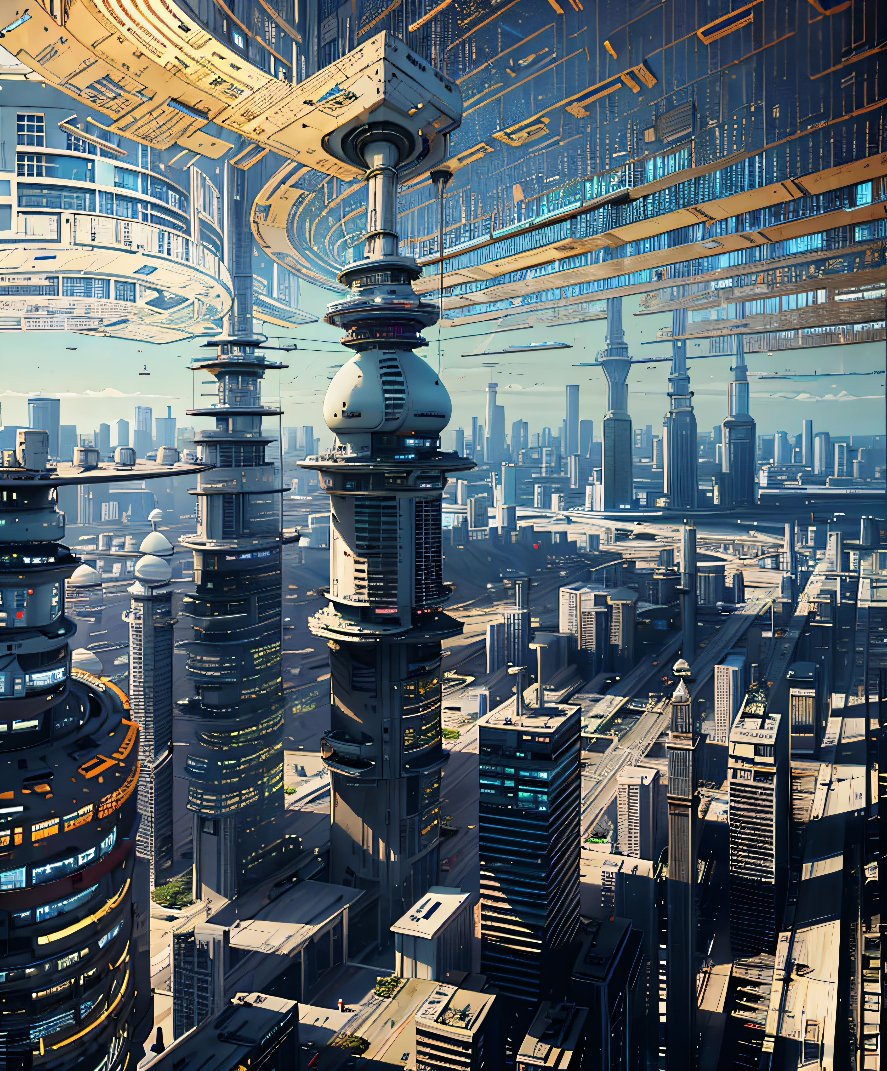PANORAMIC scenery, drone view, ELITE PROFESSIONAL ARCHITECTURAL RENDERING, PROJECT PRESENTATION, TRENDY CYBER HIGH-RISE BUILDING, 120-STOREY SUPER-STRUCTURE, CYBER DESIGN, ZAHA HADID SYTLE , LOCATE AT CENTER OF TOKYO, TOKYO SKYTREE TOWER AT BACKGROUND, well WEATHER, SUNNY DAY, sky, clouds