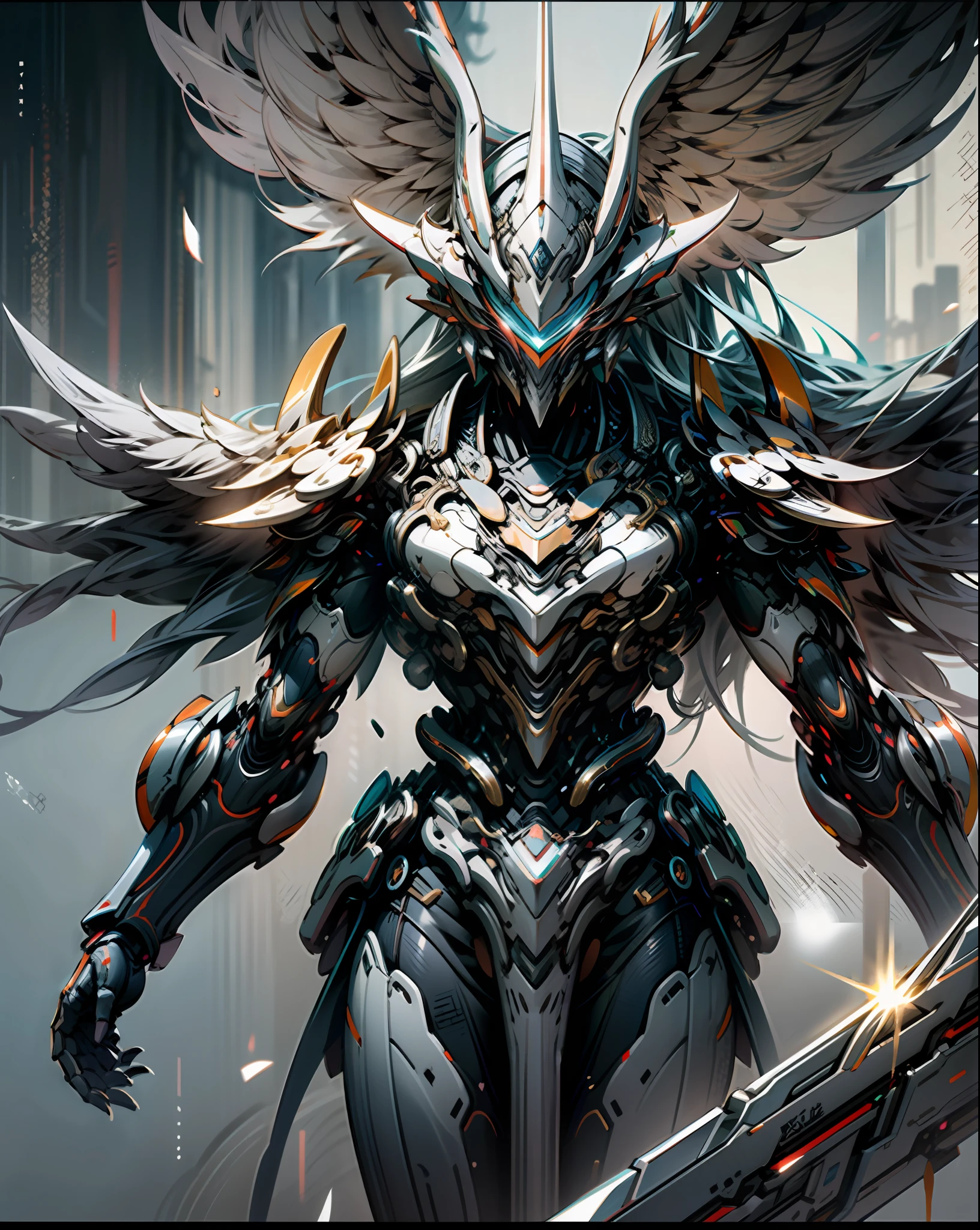 tmasterpiece, Best quality at best, high high quality, (afofuturism:1.1), (Cyberpunk costumes), 电影灯光, (Exquisite future), Beautifully and beautiful, ultra - detailed, The composition is great, floatking, depth of fields, (VerydetailedCG,Unity 8k壁纸), (Beautiful detail background), Beautiful hair details, dramatic lights, GOGETTA,white colors,white color mecha,best qualtiy,超高分辨率,Photorealistic and realistic,Beautiful wings,Metal wings,Steel wings,Luminous Great Sword,Hold the big sword horizontally,eyes glowing,Sideways photo,Lateral face