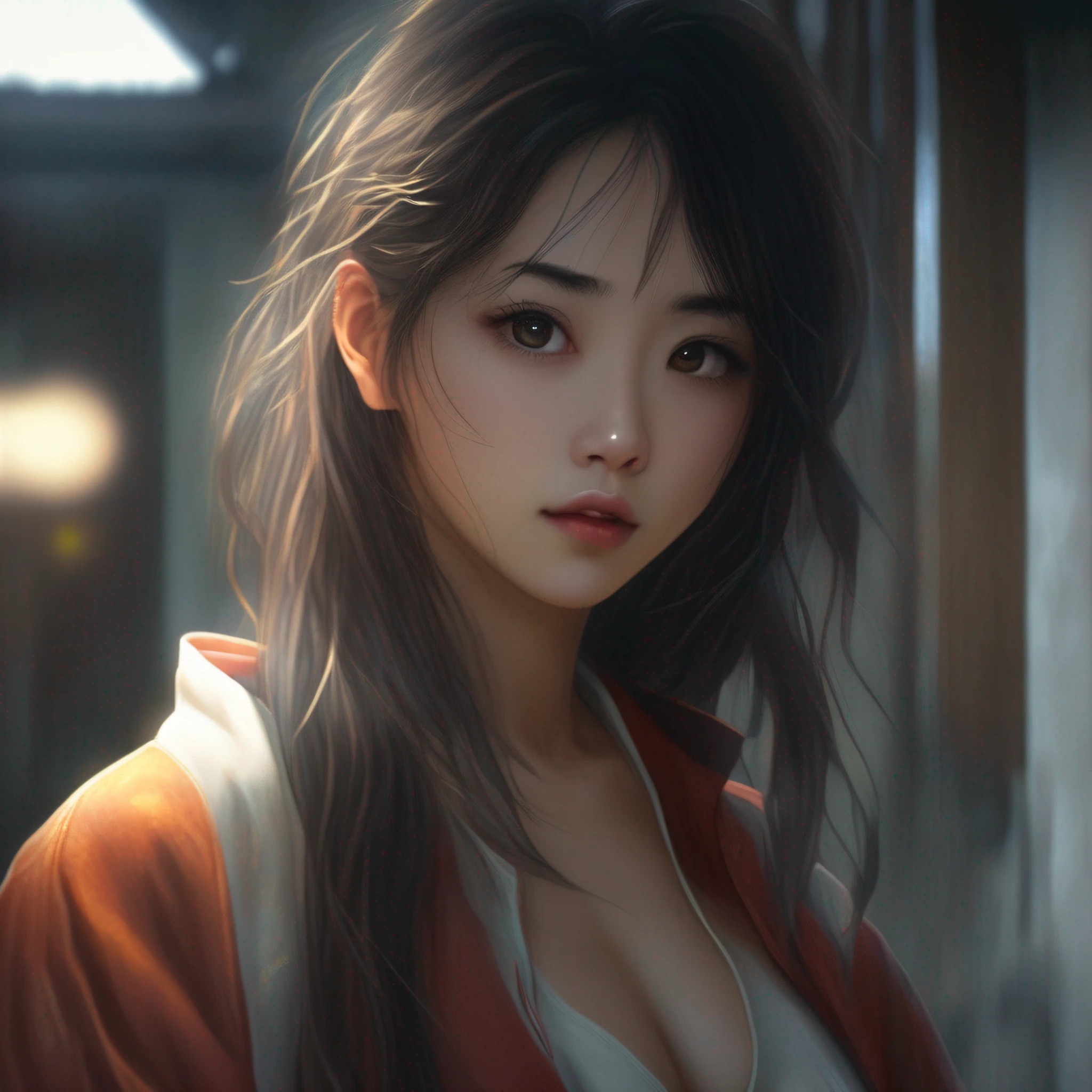 Obra-prima, 1 mulher bonita, (corpo inteiro), detalhada, olhos inchados, qualidade superior, ultra high-resolution, (realidade: 1.4), foto original, 1Girl, cinematic lighthing, sorrindo, japanese, Asian Beauty, coreano, limpo, super bonito, cara jovem, pele bonita, esbelta, fundo cyberpunk, (ultra realista), (alta resolução), (8K), (muito detalhado), (best illustration), (olhos lindamente detalhados), (super detalhado), (papel de parede), (rosto detalhado), (olhar do espectador, detalhes finos, rosto detalhado, pureerosfaceace_v1, sorridente, franja inclinada de 46 pontos, olhando para a frente, roupas limpas, olhos de cor escura, roupas sem mangas, corpo voltado para frente, (peitinho pequeno)