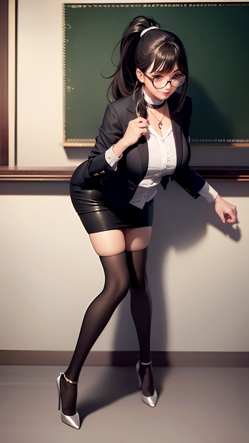 Girl in suit, full body shot hyperdetailed, Superskirt,huge tit,Bare chest,choker necklace,eye glass,High ponytail,White heels,lacy stockings,Lace,ta,Slender legs,Perfect legs、Seductive pose,Erotic,Highest image quality,tmasterpiece,Stand in the classroom,Stand in front of the blackboard