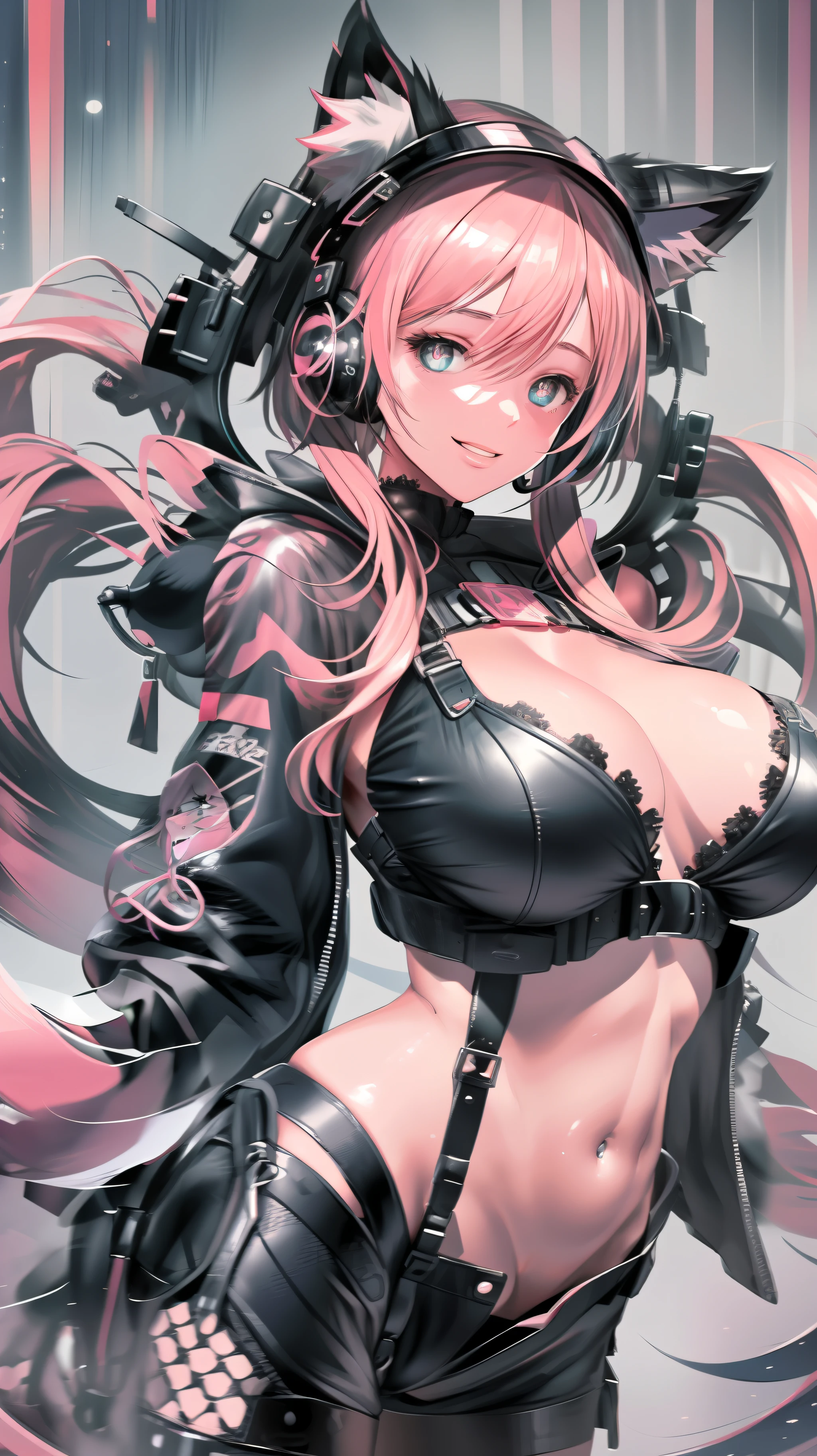 (Best quality), (masterpiece), (realistic) and ultra-Detailed photo of cute girl in futuristic neon headphones with plastic fox ears, She has a (fluffy pink hair), wears leather (unbuttoned) pink-Black racing jacket on a naked body, under which you can see ((huge open erect tits)), (erect nippleslips) , open chest, open tummy,  leather tight shorts,  and exudes a (beautiful and aesthetic) vibe,  sexy body , detailed pupils and iris of eyes, An embarrassed and lustful smile opening his mouth,