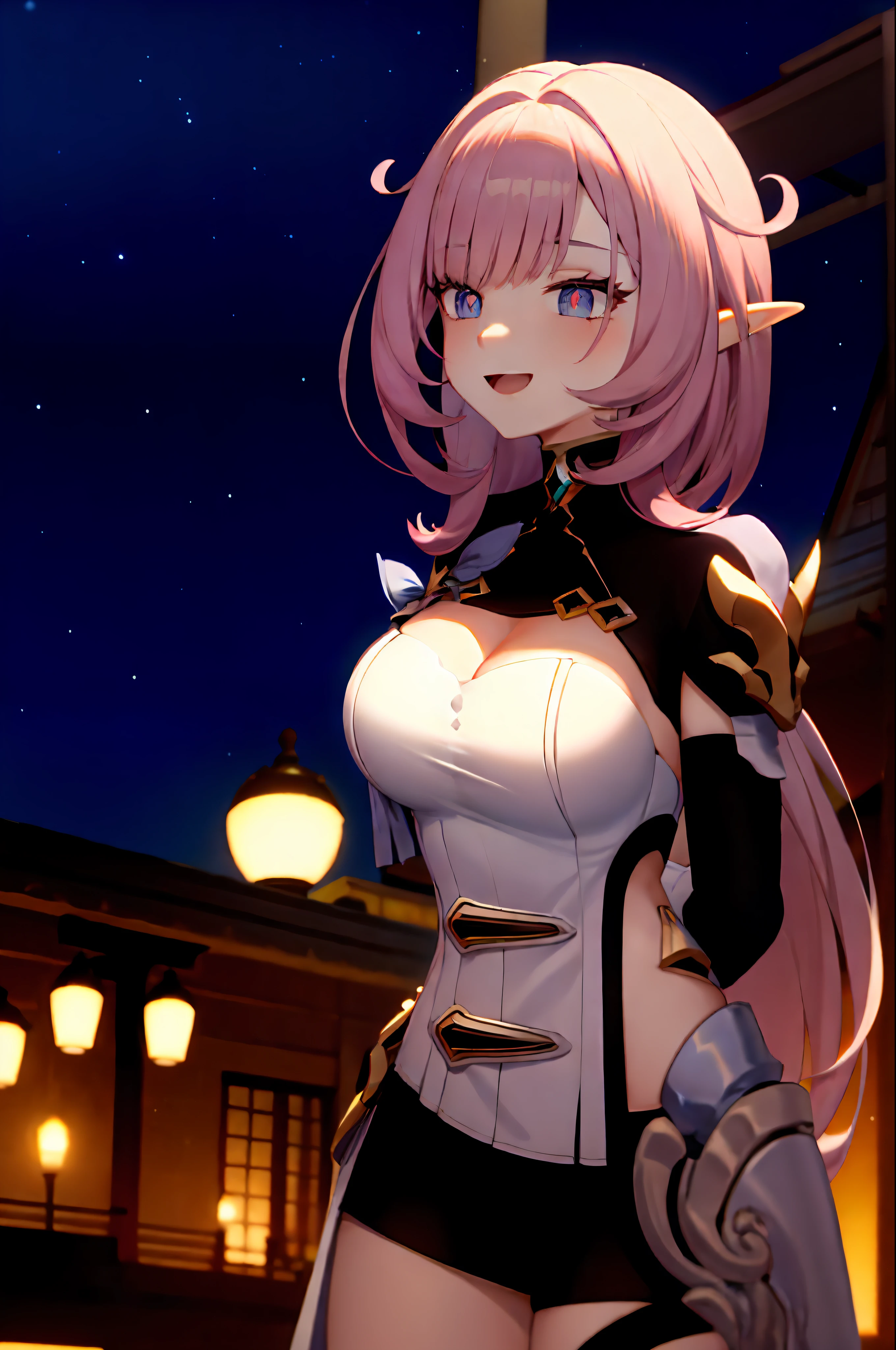 (Realistic drawing style:0.9), 巨作, Best Quality,  absurdres, Elysia (Miss Pink Goblin) (Honkai Effect), Parting of the pupil, Elysia (Honkai Effect), elf, pointy ears, 1girl, , , Pink hair, 独奏, hair decoration, smile, eyes blue, long  hair, looking at the scenes, open mouth, explosions, :D, sky, star (sky), black shorts, , starry sky, shorts, night sky, arms behind the back, night, long-sleeved, pink pupils