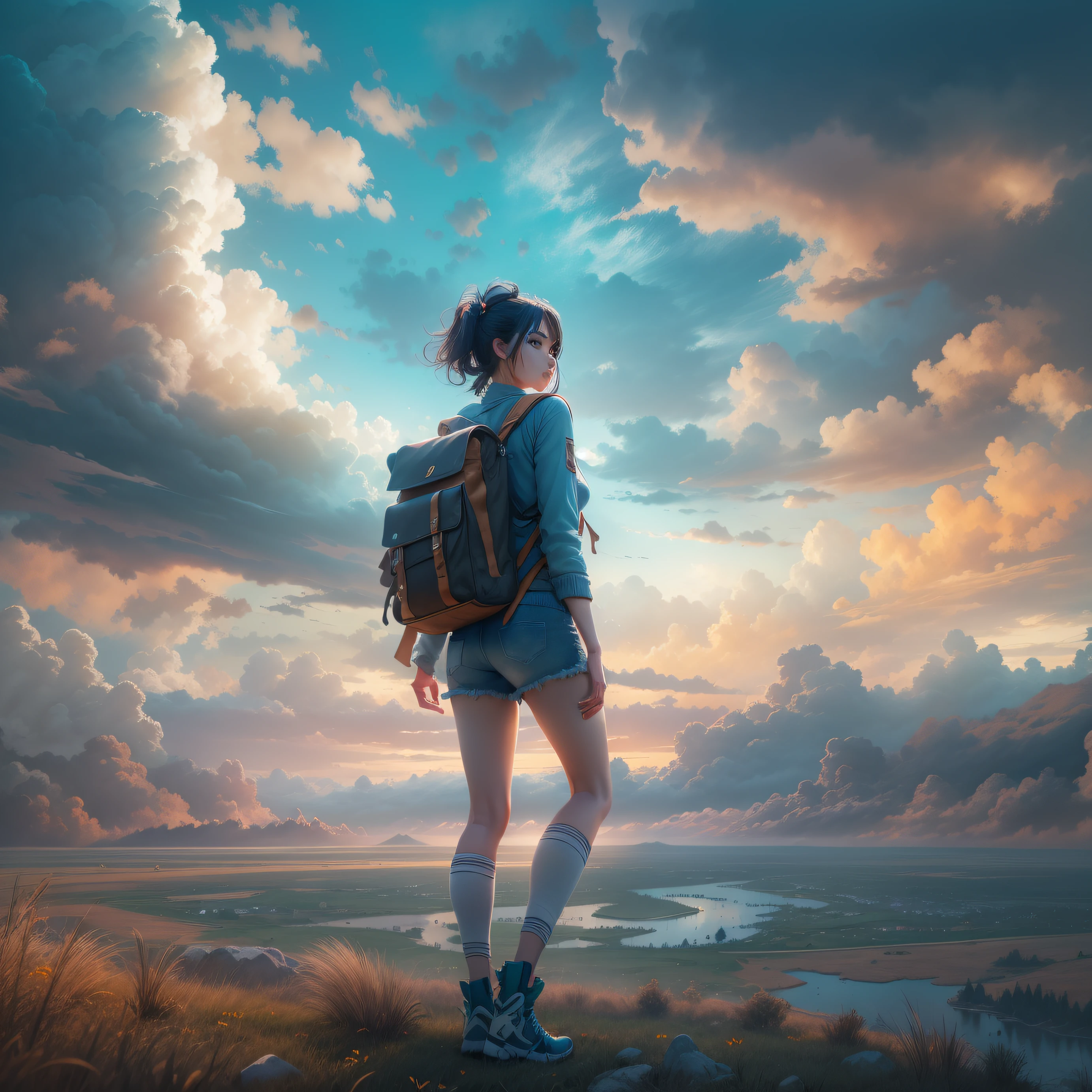 The vast sky, the beautiful skyline, Large grasslands, Intense and dramatic imagery, the moving visual effects, the high-hanging Polaris, Colorful natural light。A long-sleeved top, denim short, A girl carrying a backpack。, Romanticism, UHD, ccurate, textured skin, high details, 8k, best quality, anatomically correct, masterpiece