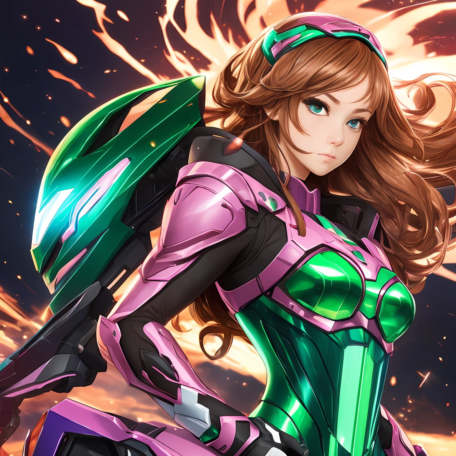 Game character style、Half-body shot without using unclear colors,WLOP type beauty face,Anime style、Wearing a glittery pink opal combat suit, Wearing a sparkly green helmet,No cut of the top,Concept art, beautidful eyes,brown haired,Cool,Blur flame, High-quality details,Wind-effect, sleeoing,Sanrio-style style,Side view,masterwork, masterpiece、Only one woman --auto