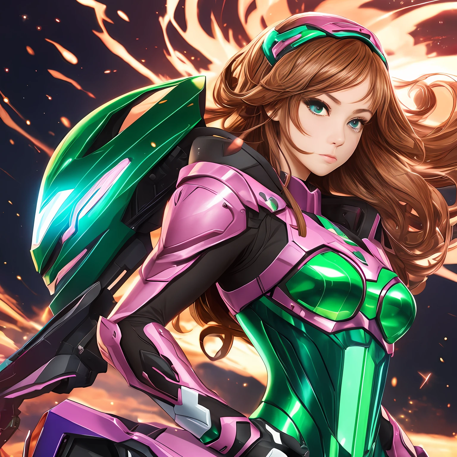 Game character style、Half-body shot without using unclear colors,WLOP type beauty face,Anime style、Wearing a glittery pink opal combat suit, Wearing a sparkly green helmet,No cut of the top,Concept art, beautidful eyes,brown haired,Cool,Blur flame, High-quality details,Wind-effect, sleeoing,Sanrio-style style,Side view,masterwork, ​masterpiece、Only one woman --auto