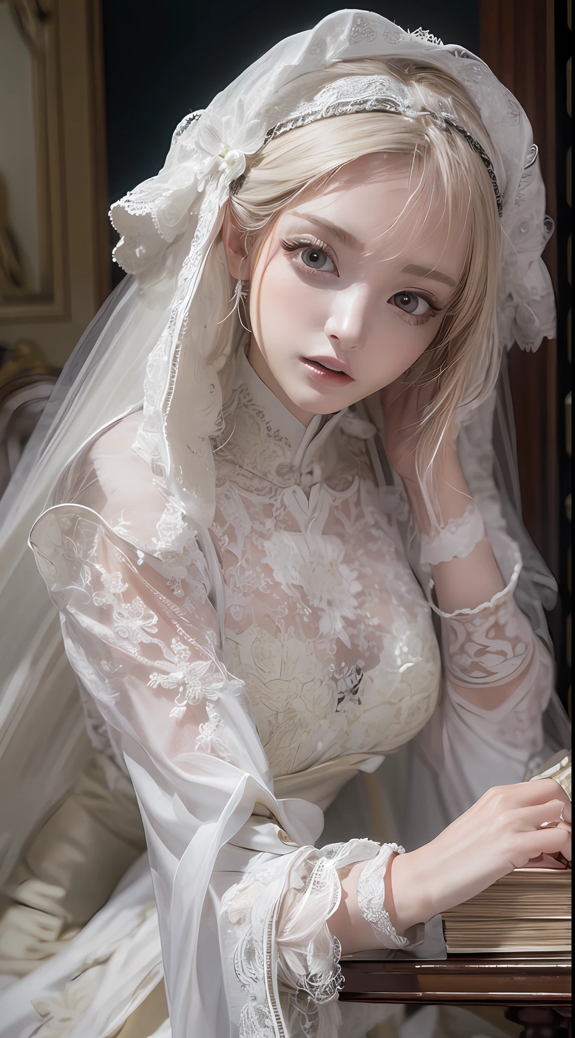 best qualtiy，8k，Best quality，(the detail:1.4),A beautiful young woman。Her skin shimmered with a pure white sheen。Close-up of a doll holding a book in a chair,fully body photo，The is very detailed，guweiz masterpiece, Guviz-style artwork, a stunning young ethereal figure, hall，dreamy and detailed, Ethereal!!! Ultra photo realsisim,lewd nun，Nun dress，neo-classical, Renaissance,Epic and beautiful character art，Stunning character art，Ray traching,The costumes and facial expressions of the characters are very detailed，Detailed depictions are shown，A look of disdain，Lift up some skirts，Beth，ball jointed doll, white hime cut hairstyle，Has amazing deep eyes，Beautiful character painting，The Lost Book of Magic，white beautiful hair，There is a vine arabesque