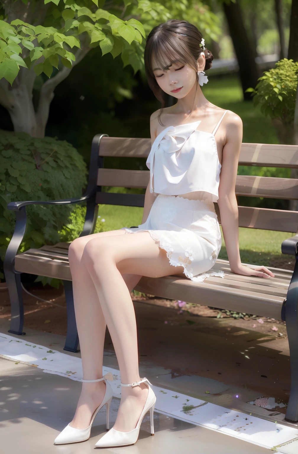 Woman in white dress sitting on a bench in front of bushes, wearing white clothes, wearing white skirt, dressed in a beautiful white, very beautiful slim legs, white skirt and barechest, wearing a wet white short dress, Dressed in white, Beautiful slim legs, gorgeous chinese models, Beautiful legs, cute elegant pose, wearing a cute white dress,Real human skin,high-heels,realskin