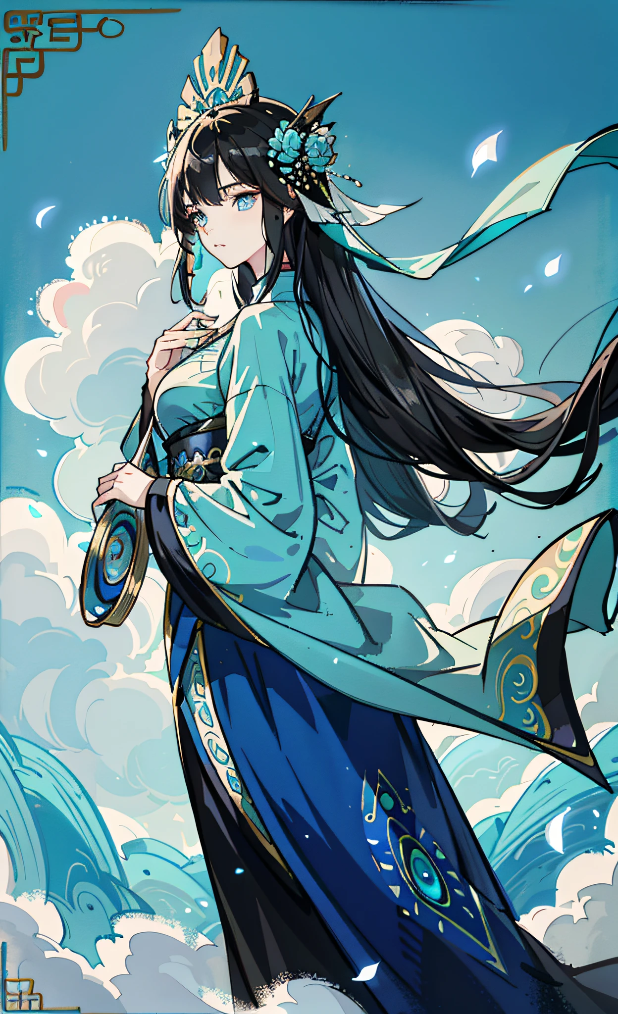 Mature girl ，blue color eyes，black color hair，Floating hair，Fair skin，adolable，Delicate and agile eyes，Intricate peacock-themed brocade cyan Hanfu，Gorgeous accessories，fov，f/1.8，tmasterpiece，Ancient Chinese architecture，blue-sky，Petals flying，Frontal portrait shot，Side lighting，The sun shines on people，8K mouth veil,