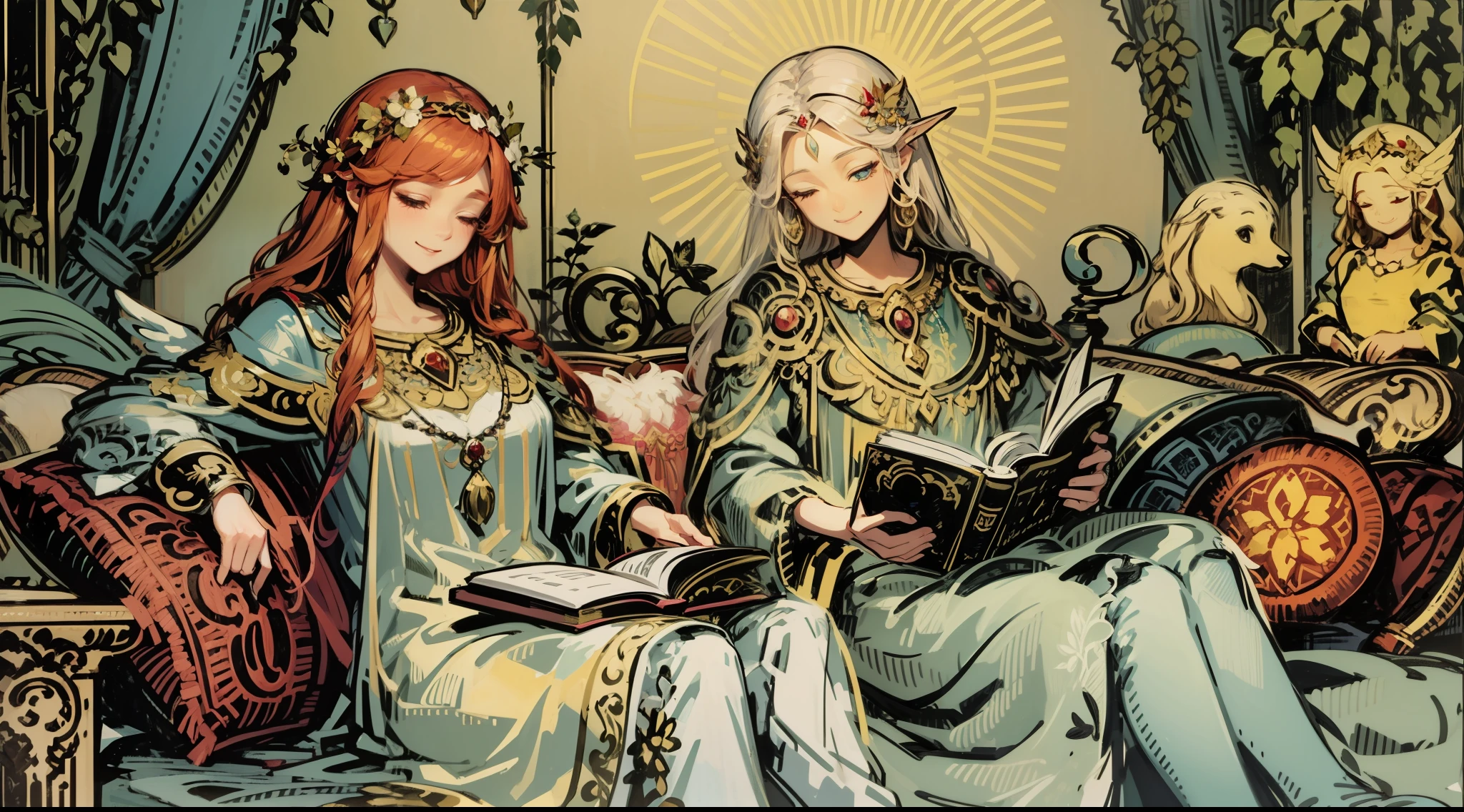 Beautiful angel with calm and relaxed attitude, Adorned with enchanting eyes, Flowing hair shining with ethereal light. The image is、It is necessary to capture the graceful presence of the angel and the aura of divinity that surrounds her. Two smiling angels sitting on the sofa, Crazy about stretching your legs and reading a book. The composition should draw a side view, Angels look at viewers with warmth and joy.