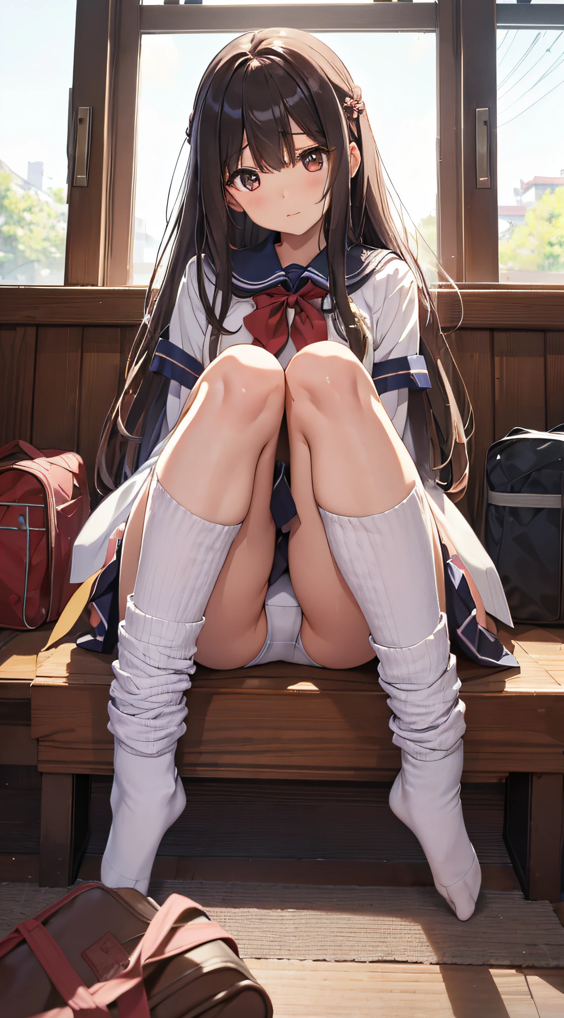 Masterpiece Top Quality High Resolution、Anna Tanaka , Long hair, Sit with your knees bent、Eight-headed body、beauty legs 、in a school、As if looking up from below、Ashamed、Red Underwear