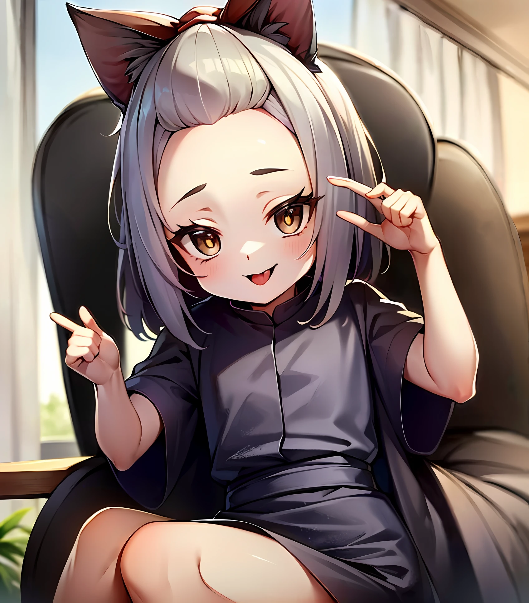 A beautiful girl with cat ears who is a little sticks out her tongue and looks mischievous