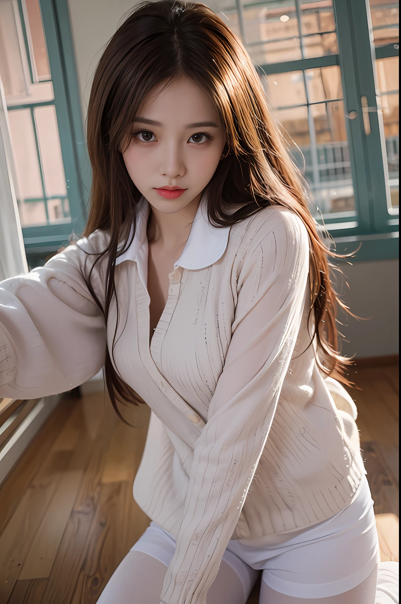 ((Night view.), realistic light, best qualit, Masterpiece:1.3)), 1girle, Beautiful woman with a slim figure: 1.4, (brown hair, Huge breasts: 1.4), Floor, Super detailed face, Detailed eyes, Double eyelidd, Asian woman posing for photo pink dress and white shirt, Japanese school uniform for girls, korean girl, japanese school uniform, Loose jacket collar sailor uniform, sakimichan, Amazing student uniforms, White fashion clothing, ulzzang, wearing japanese school uniform, Stylish white tights set, cute kawaii girl, Korean female fashion model, moaning, Bloom!, 8k --auto --s2