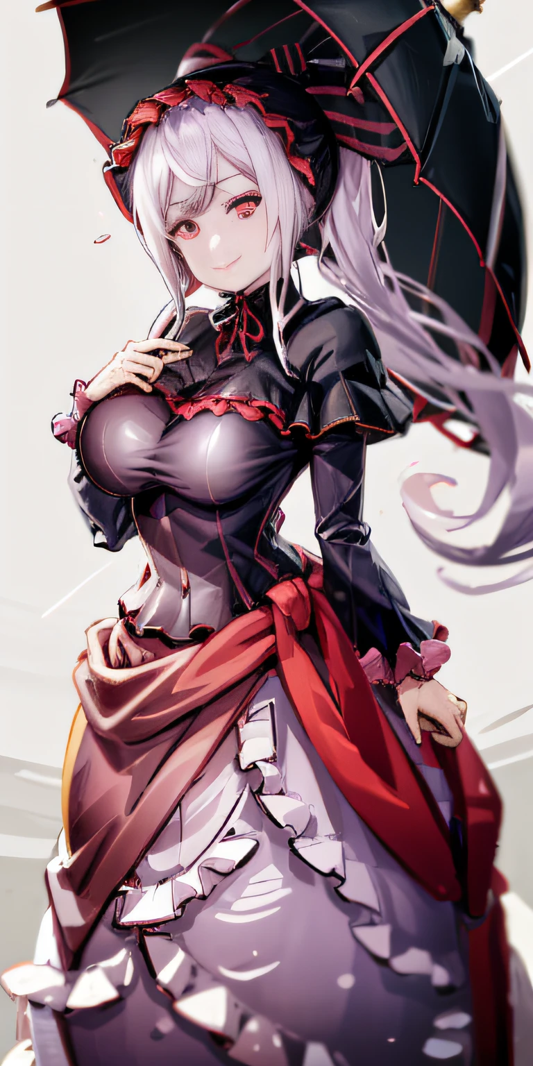 , top-quality, ShalltearV4, 1girl in, 独奏, doress, frilld, the bow, Hair Bow, tusk, slight smile, pale-skinned, Shines, radiant eyes, portraitures,Black lace parasol,Colossal tits,
