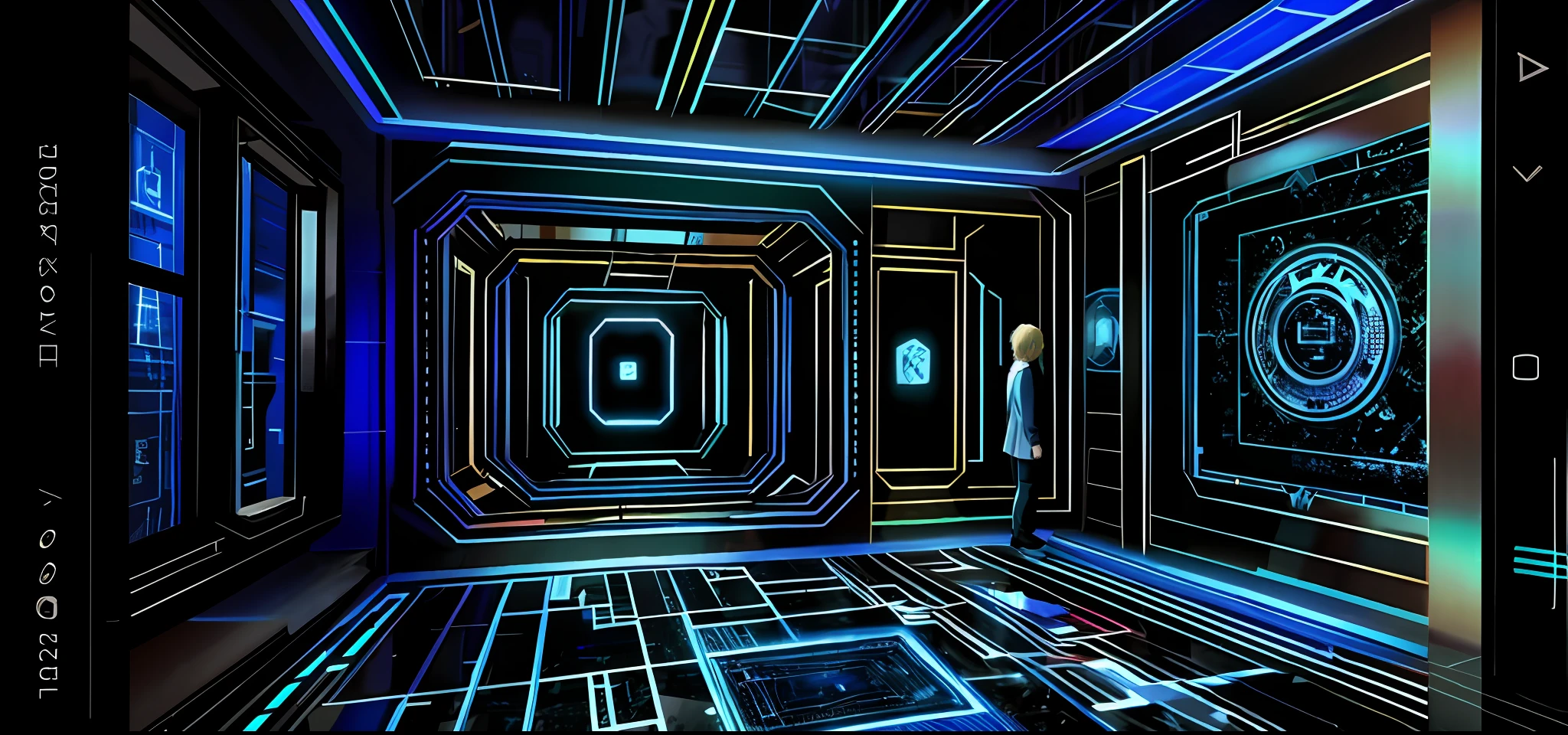 Square interior space, sala secreta, tema de terror interno imersivo, escape room, holografia, projection, LED, labirinto, digital immersive indoor space, personagens, descriptografia, exploration, detalhe, High Accuracy, soil projection, linhas, enigmas, uma menina, um menino, The floor has a maze pattern, the top is mirror, reflexo, There's a sci-fi holographic avatar on the wall, casa assombrada, top,  distortion, spatial transformation, specular reflection, complex pattern, There is an operating table in the middle of the house with holographic characters, there are VR glasses, At the top of the space there is a mirror that reflects the whole space, manter design para fundo de noticiario de tv