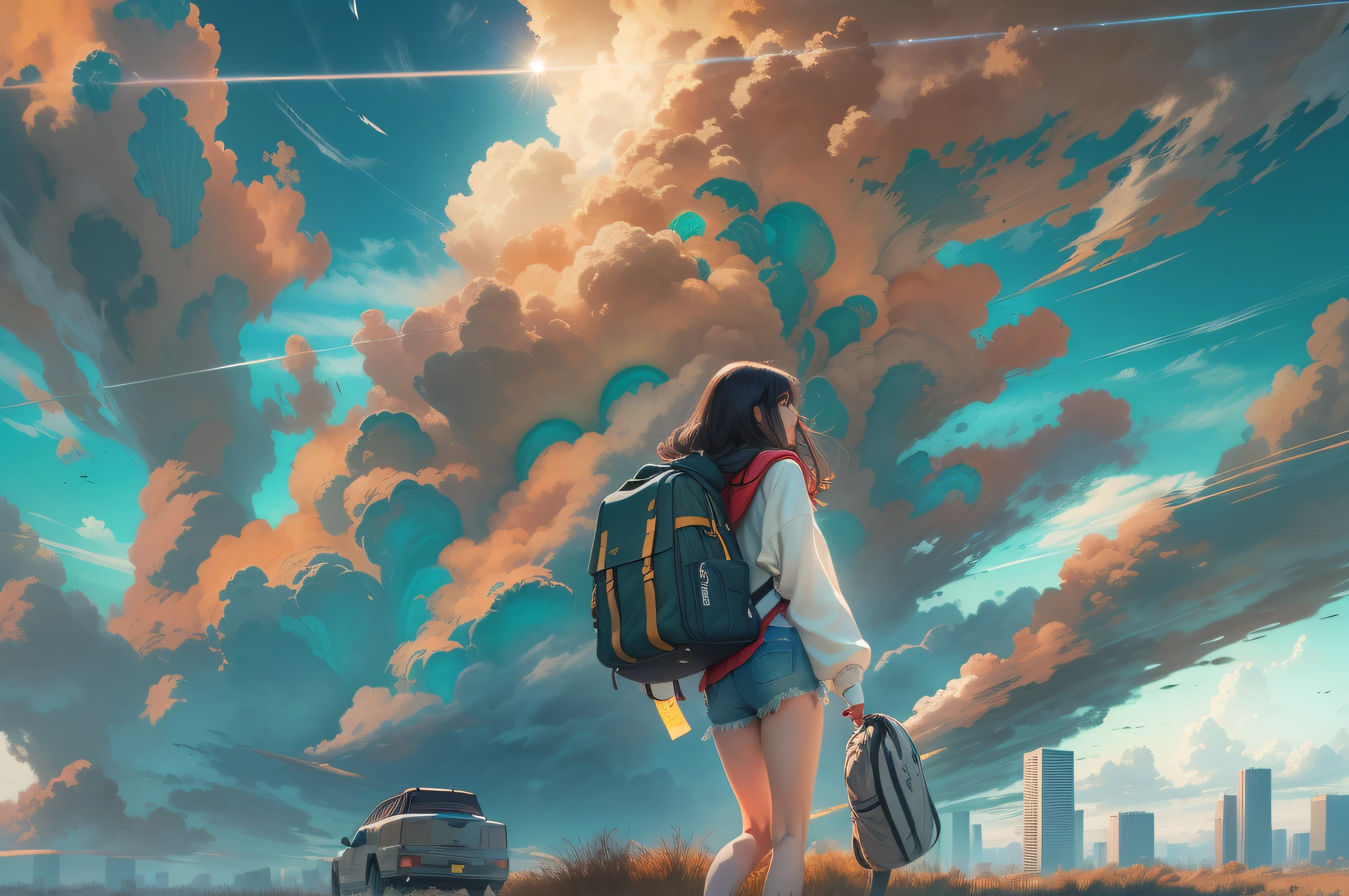 The vast sky, the beautiful skyline, Large grasslands, Intense and dramatic imagery, the moving visual effects, the high-hanging Polaris, Colorful natural light。A long-sleeved top, denim short, A girl carrying a backpack。, Romanticism, UHD, ccurate, textured skin, high details, 8k, best quality, anatomically correct, masterpiece