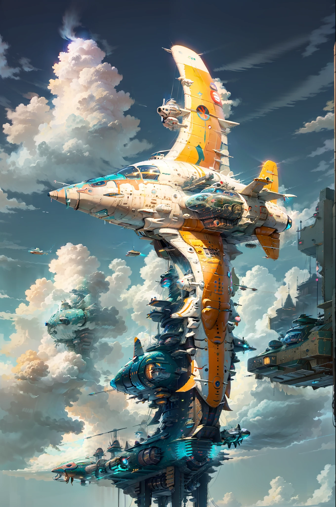 best quality,masterpie,very detailed :1.3, mechanic detail, 1air ship,(Giant fish aircraft, mechanical fin, mechanical wings),cloud,sky,in sky,afternoon view, low angle,Symmetrical composition, mechanical tech, incirnate,neon mechanical body, futuristic simple design, kawaii, cute colors, 1airship