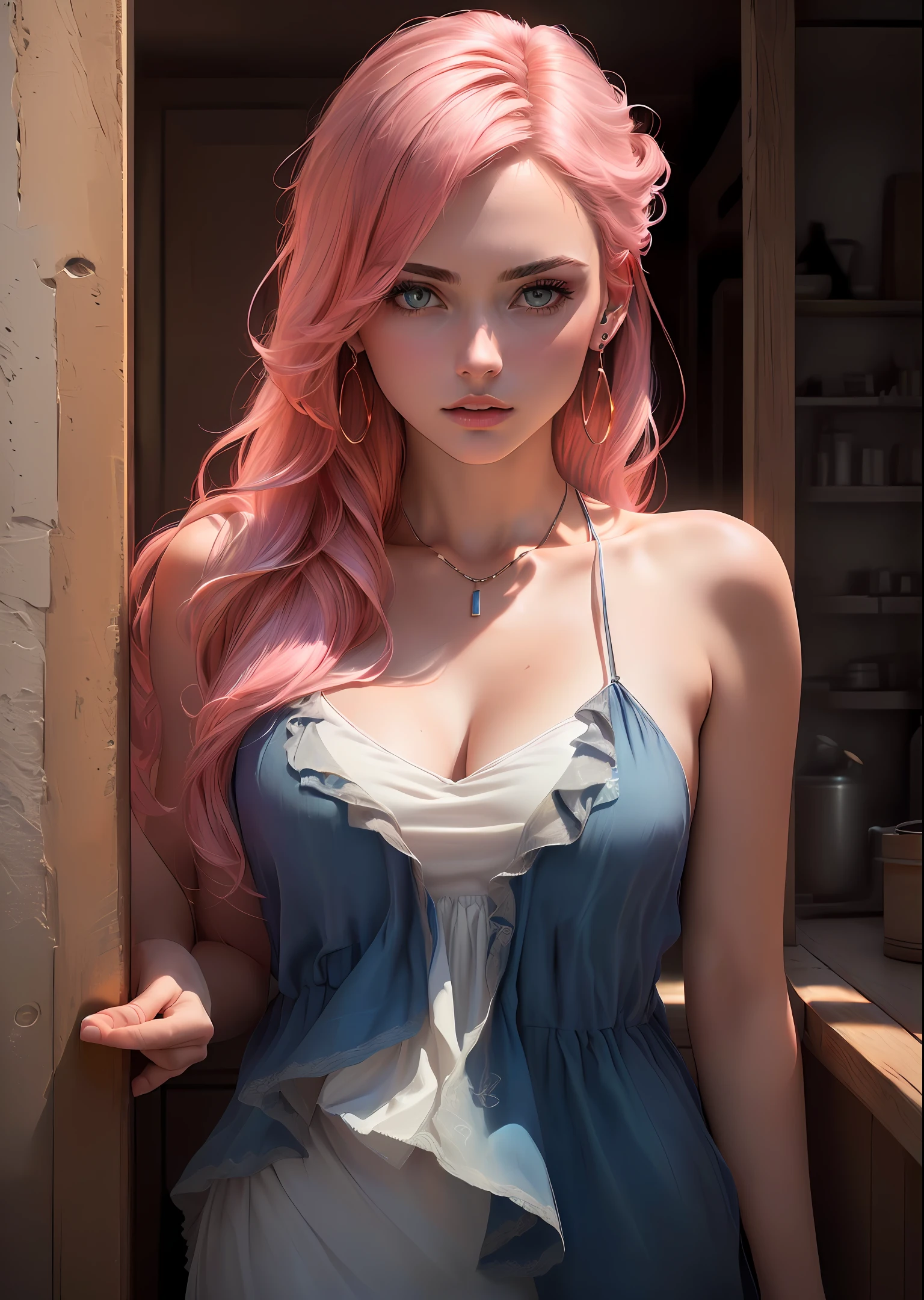 ((masterpiece), (best quality), ultra high res, (raw photo:1.2), (photorealistic:1.4), Exceptional detail, dramatic lighting, highres, 8k, absurdres,
xxlxhann, 1girl, bare_shoulders, bird, pink hair, building, earrings, jewelry, long_hair, looking_at_vi...