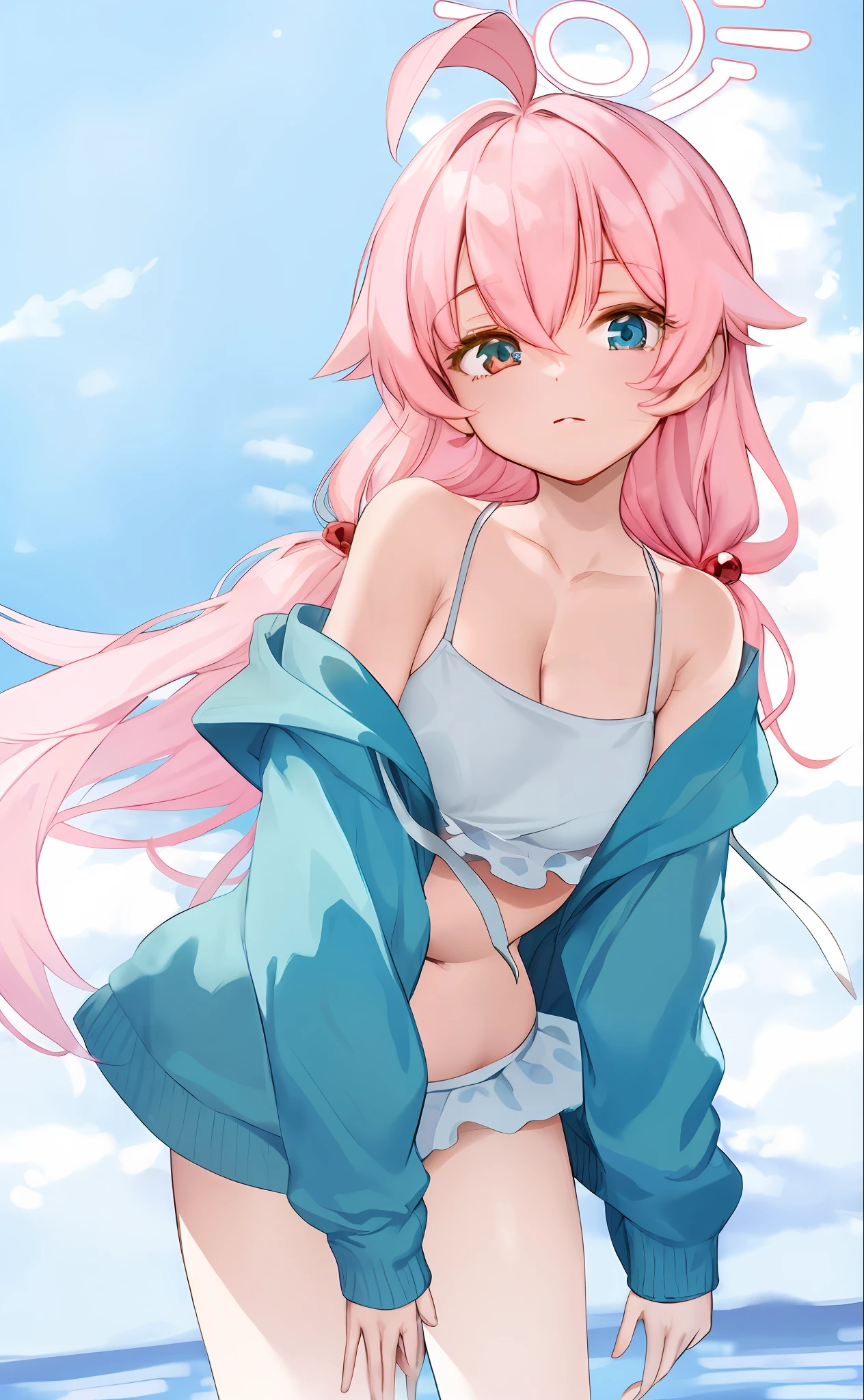 Anime girl with pink hair and blue top standing on beach, pink twintail hair and cyan eyes, seductive anime girls, anime best girl, pretty anime girl, (Anime girl), attractive anime girls, Beautiful anime girl, Cute anime girl, Anime girl, anime visual of a cute girl, up of young anime girl,huge tit