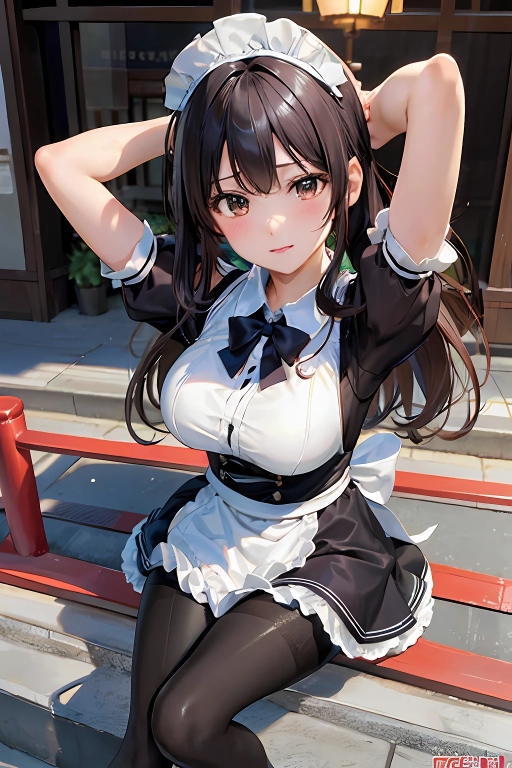 (Extremely detailed Cg Unity 8K wallpaper), (Masterpiece), (Best quality), (Ultra-detailed), (Best Illustration), (Best shadow), (absurderes), 1girll, Solo, Matsuri Shinoji, maid, maid headdress, Expressionless, v arms, Hands up, high street，extremely detailed background, 8K，HighestQuali， 超高分辨率，Beautiful face details，Real human skin，((Pantyhose))，Harnes，short  skirt，Large breasts