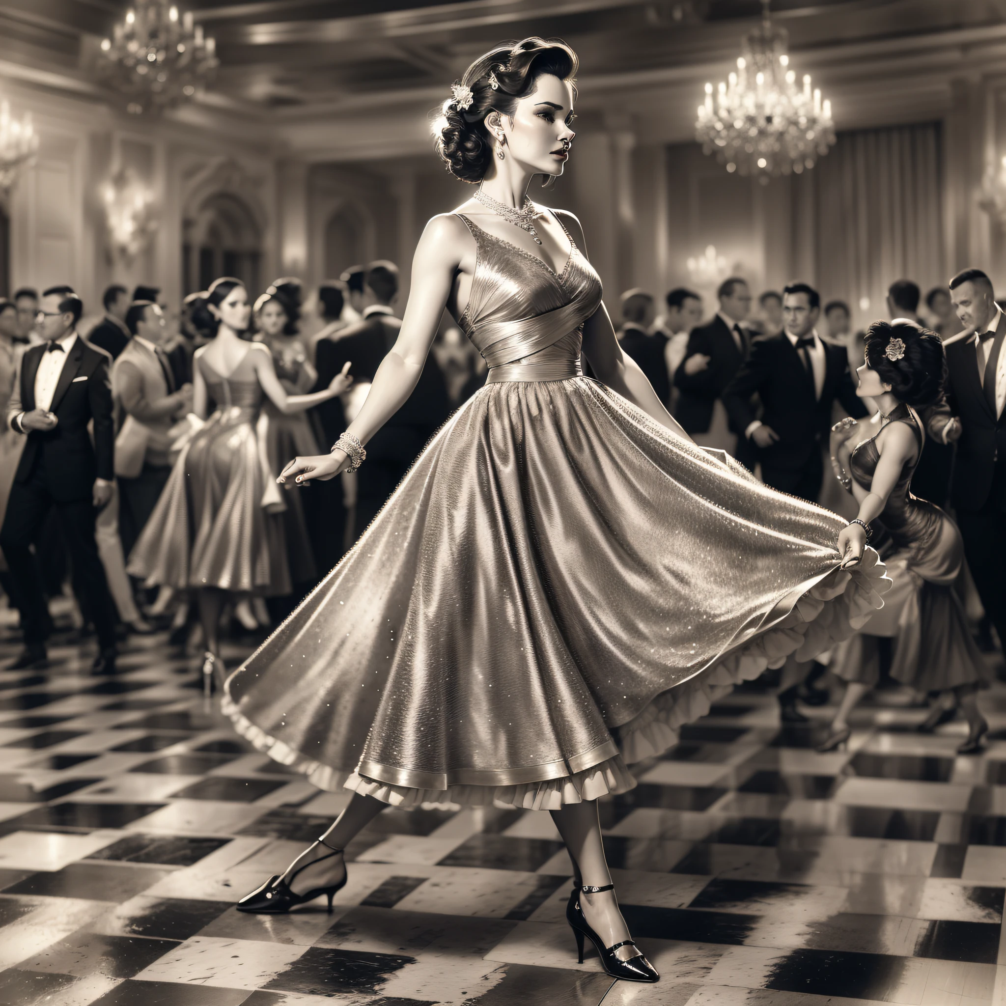 Uma mulher sofisticada em um baile dos anos 1950" Uma imagem de uma mulher glamourosa vestida com um deslumbrante vestido de baile dos anos 1950, Stretching elegantly across the ballroom dance floor. The image is styled with a vintage black and white filter, capturing the timeless elegance and charm of the high society nights of the time.