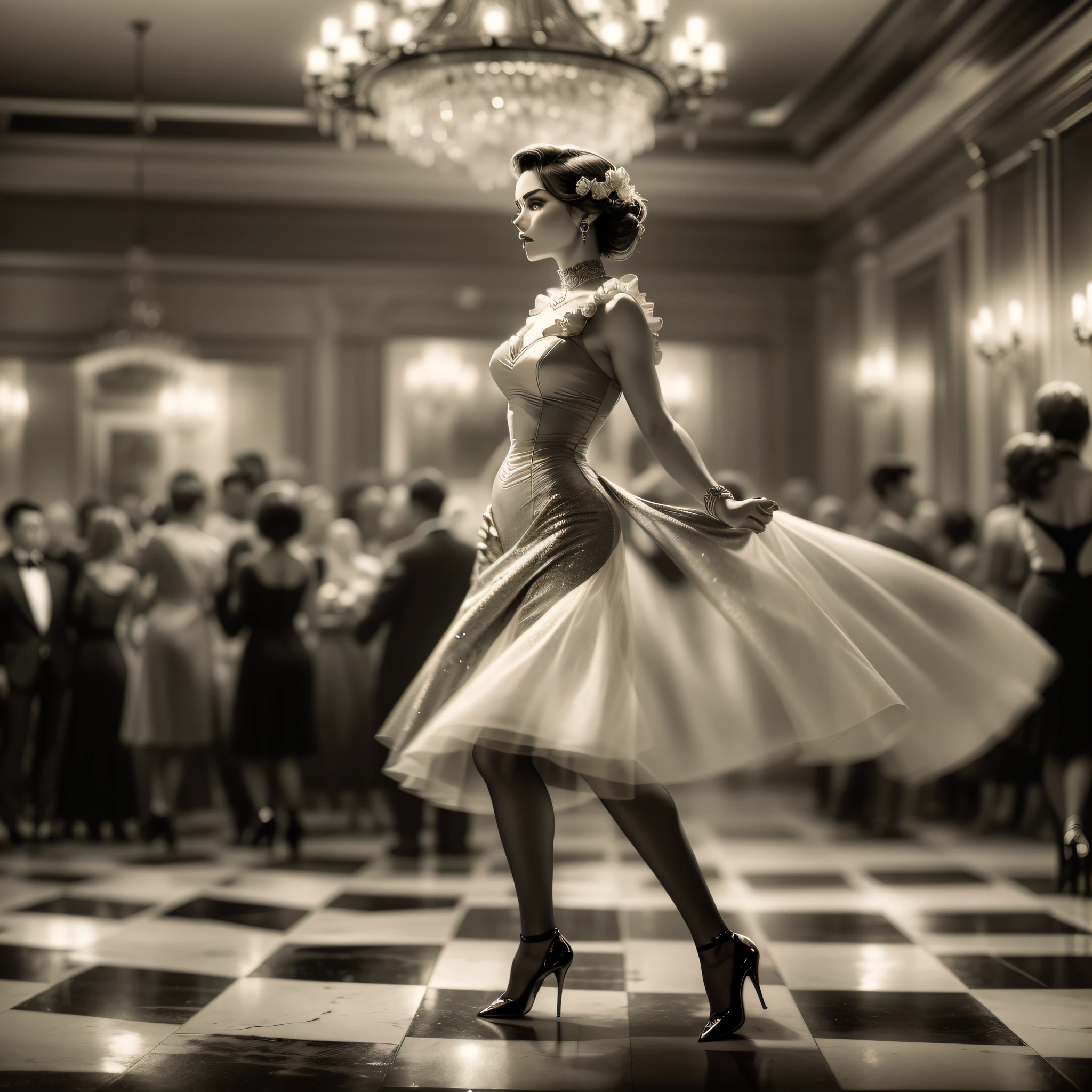 Uma mulher sofisticada em um baile dos anos 1950" Uma imagem de uma mulher glamourosa vestida com um deslumbrante vestido de baile dos anos 1950, Stretching elegantly across the ballroom dance floor. The image is styled with a vintage black and white filter, capturing the timeless elegance and charm of the high society nights of the time.
